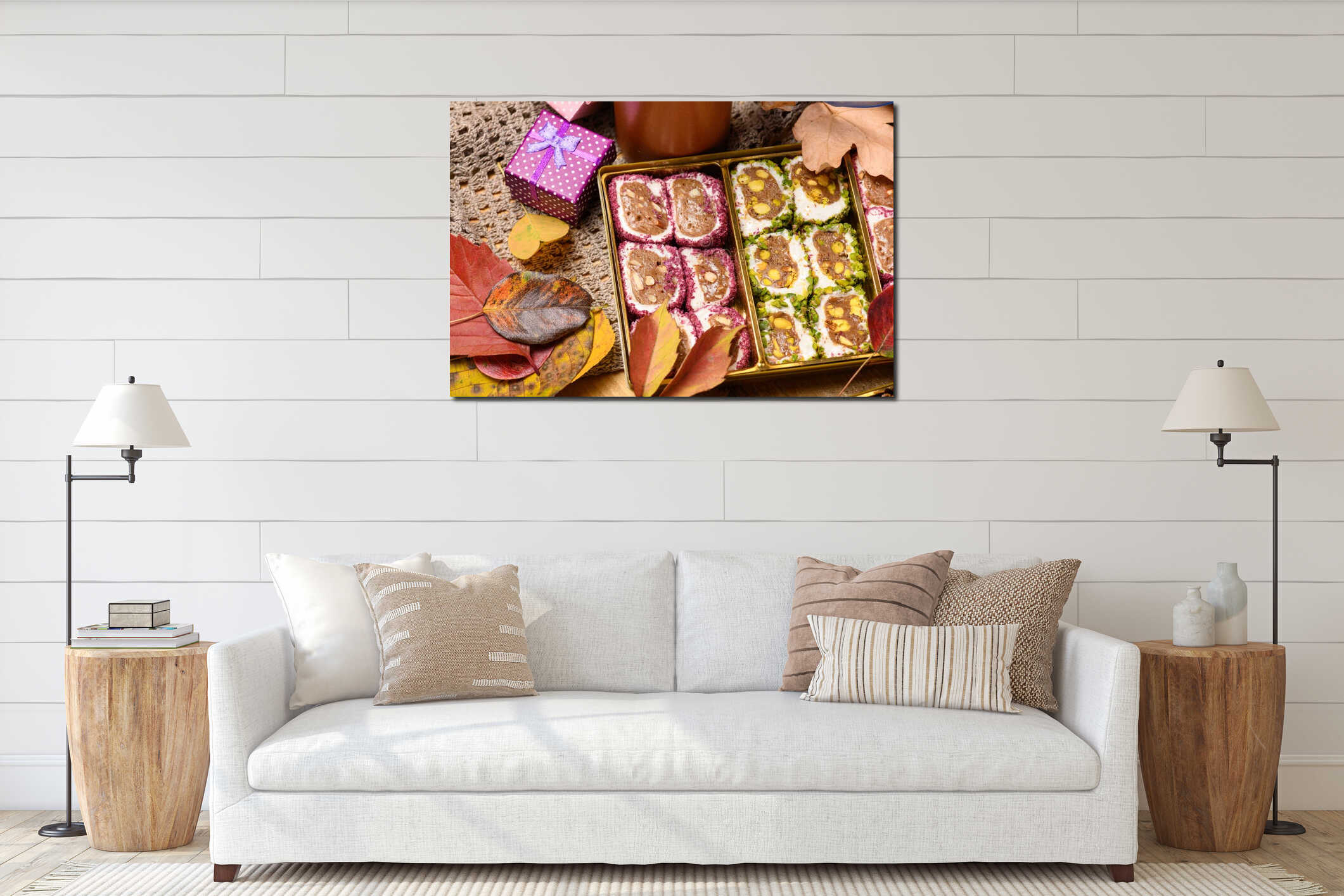 Sweet food Turkish delight on wooden background, assorted locum and candy for decorated backdrop interior mockup