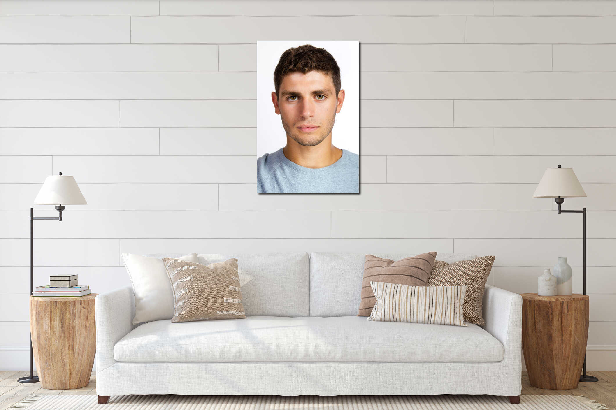 Closeup portrait of serious young man interior mockup
