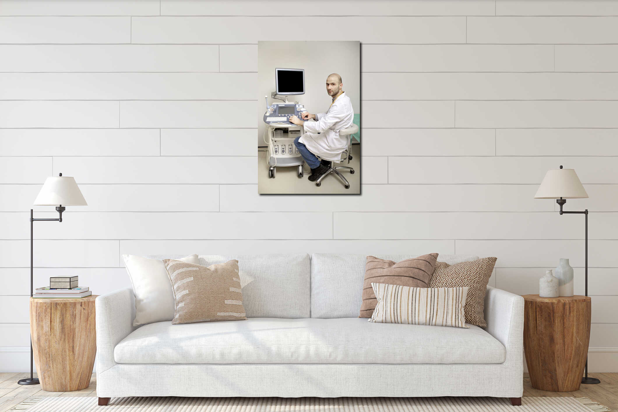 Portrait of young male technician operating ultrasound machine interior mockup