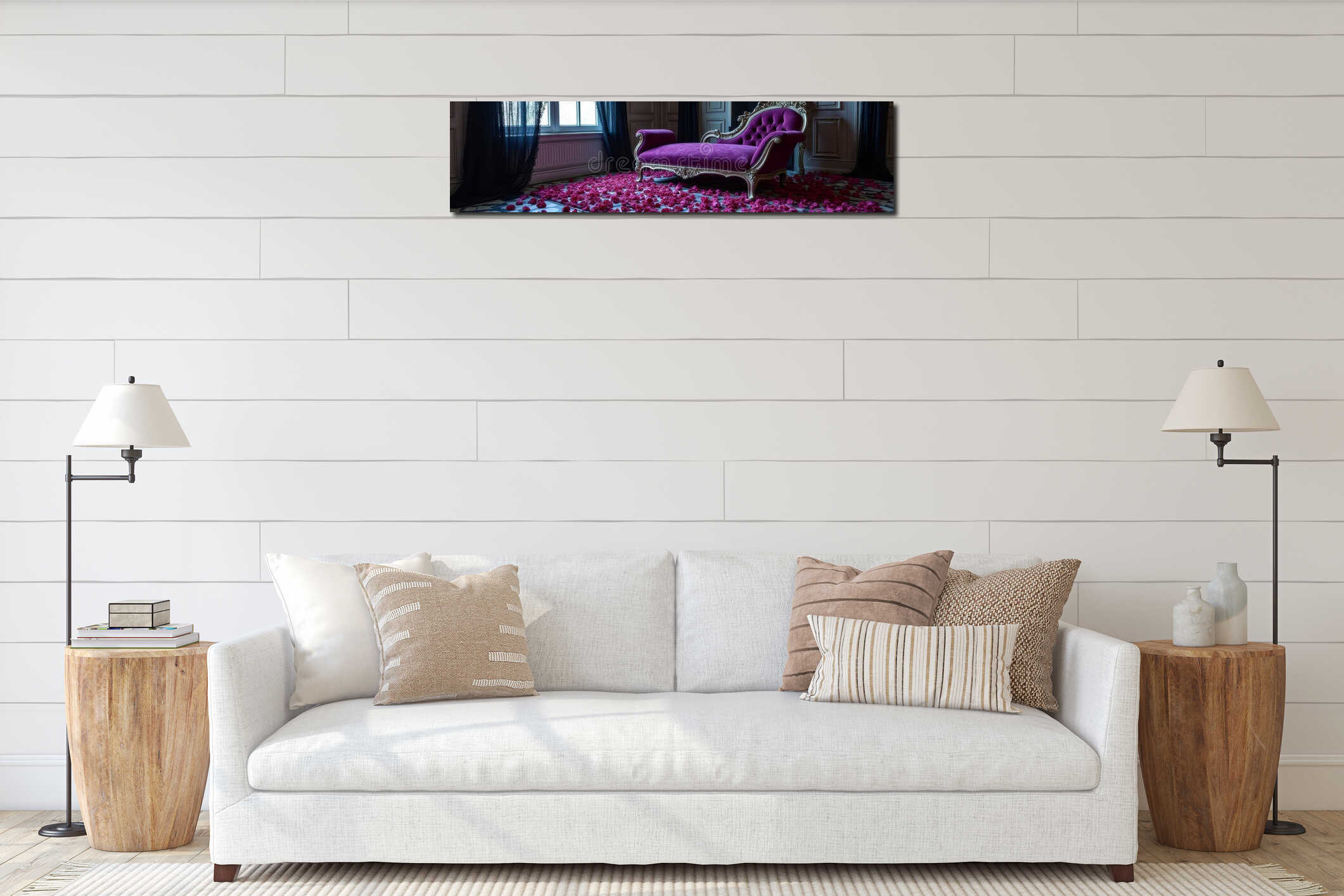 Luxurious vintage chaise lounge with rose petals in elegant room setting interior mockup