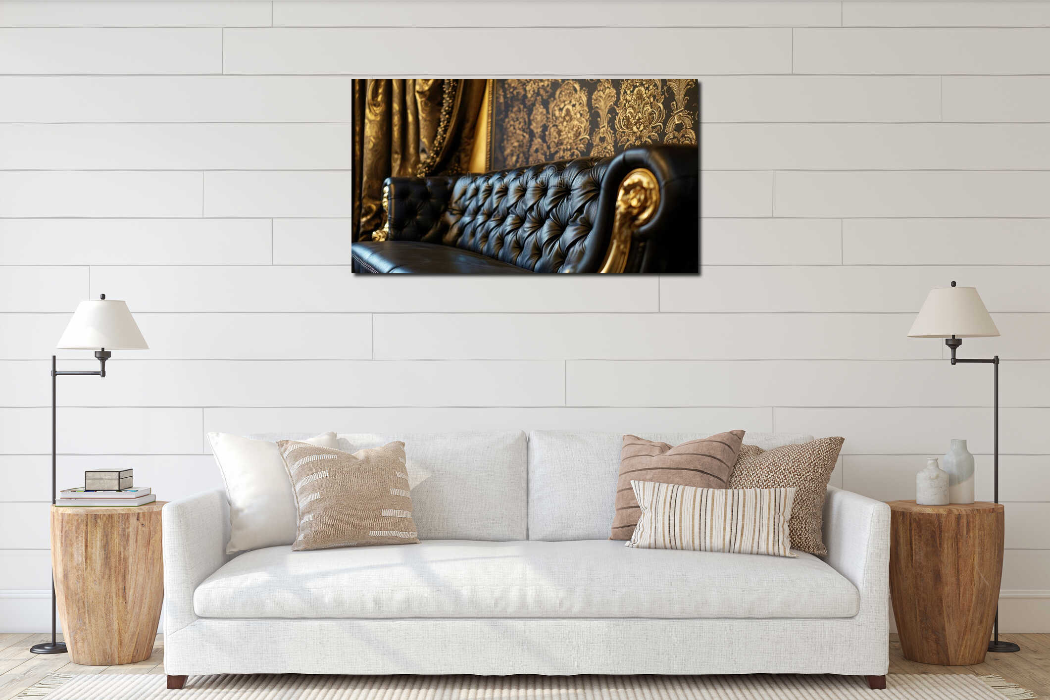 Luxurious black leather sofa with ornate gold detailing in elegant room interior interior mockup