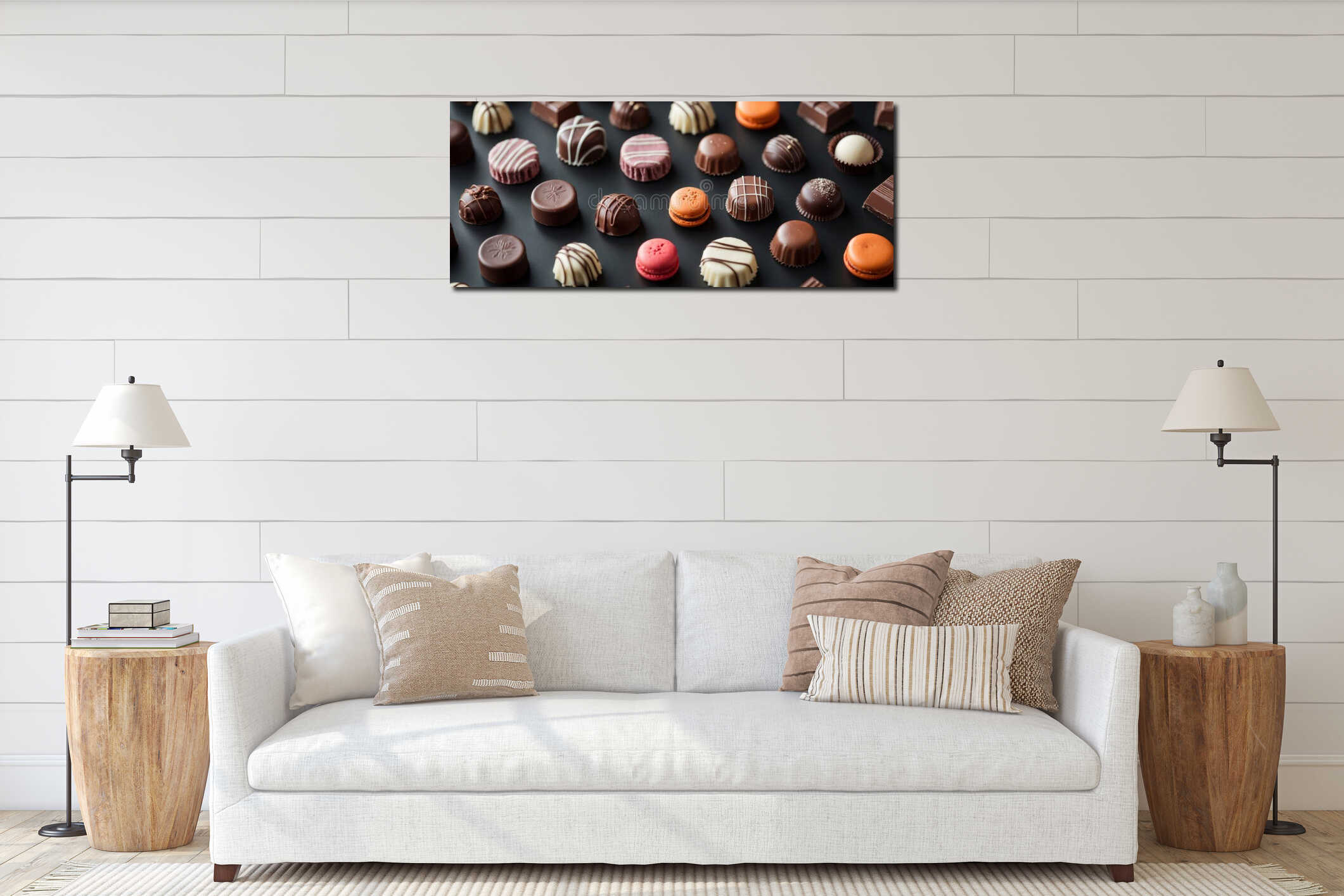 Top view variety of chocolate treats displayed on black surface interior mockup