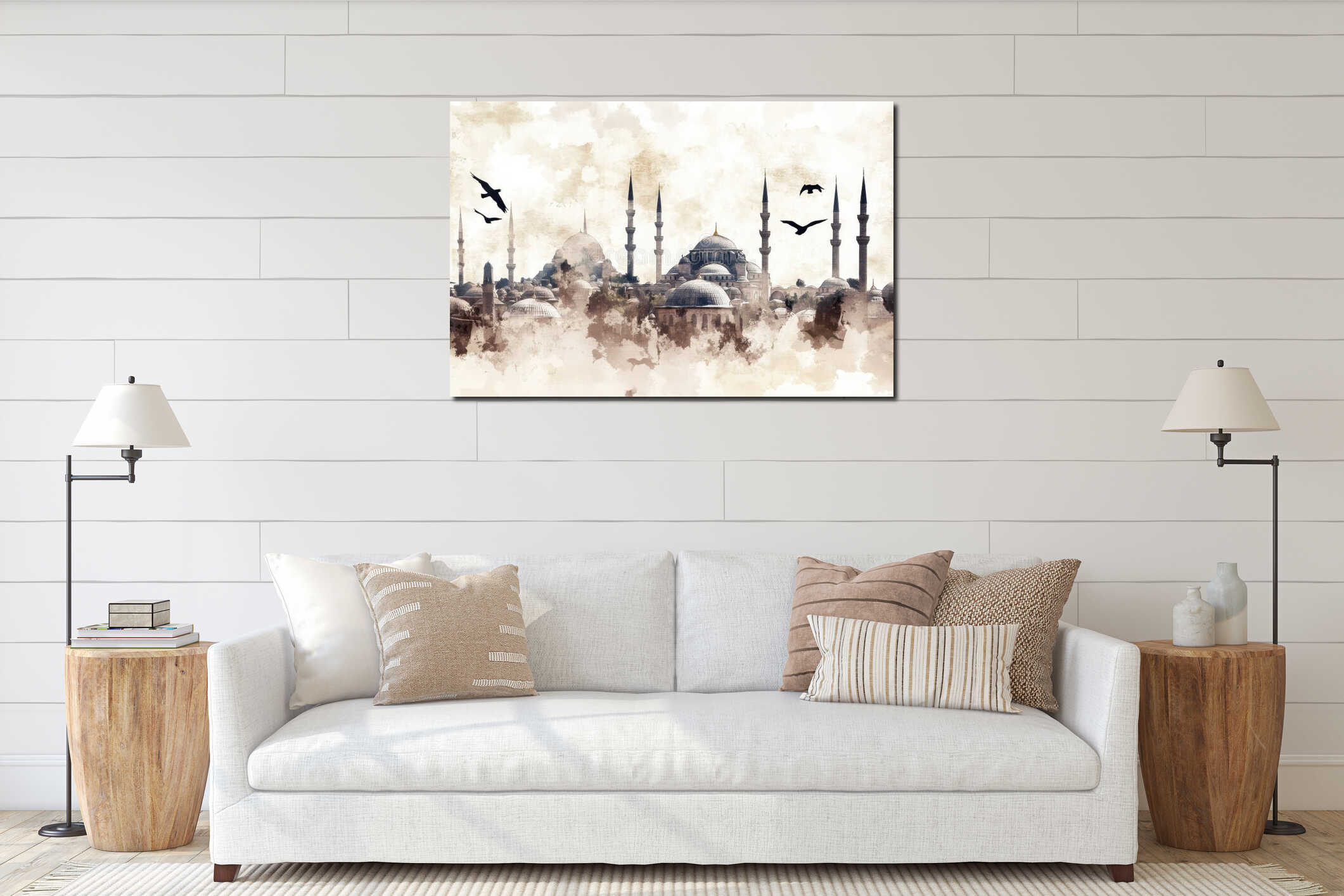 Istanbul Skyline Silhouette with Birds and Historic Mosques in Watercolor Art interior mockup