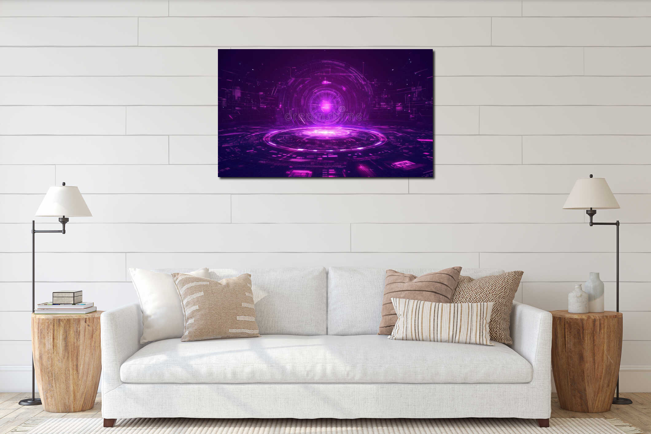 Futuristic digital portal with glowing purple light, intricate patterns, and high-tech elements. Abstract design with interior mockup