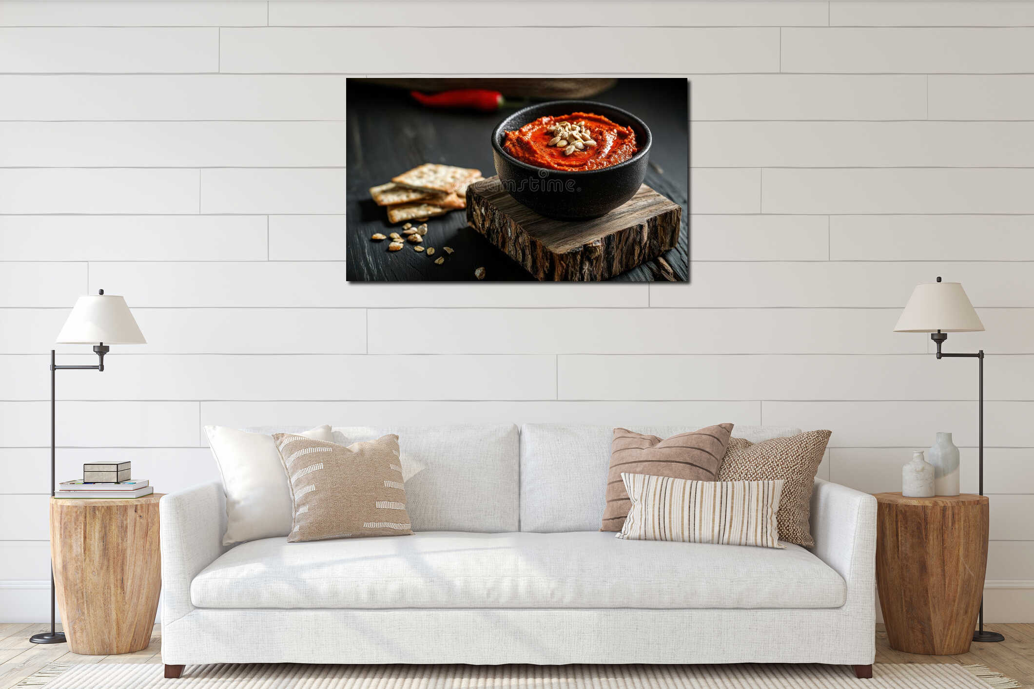 Bowl with intense red pepper dip, spread or sauce with wholegrain snacks or crackers, bold flavor food, dark moody interior mockup