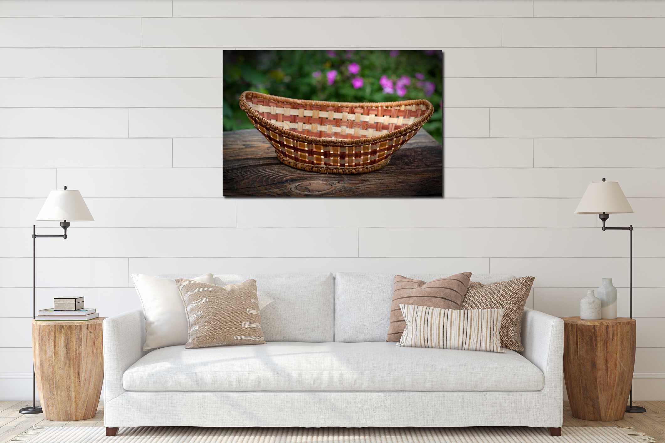 Empty wicker basket against old wooden planks interior mockup