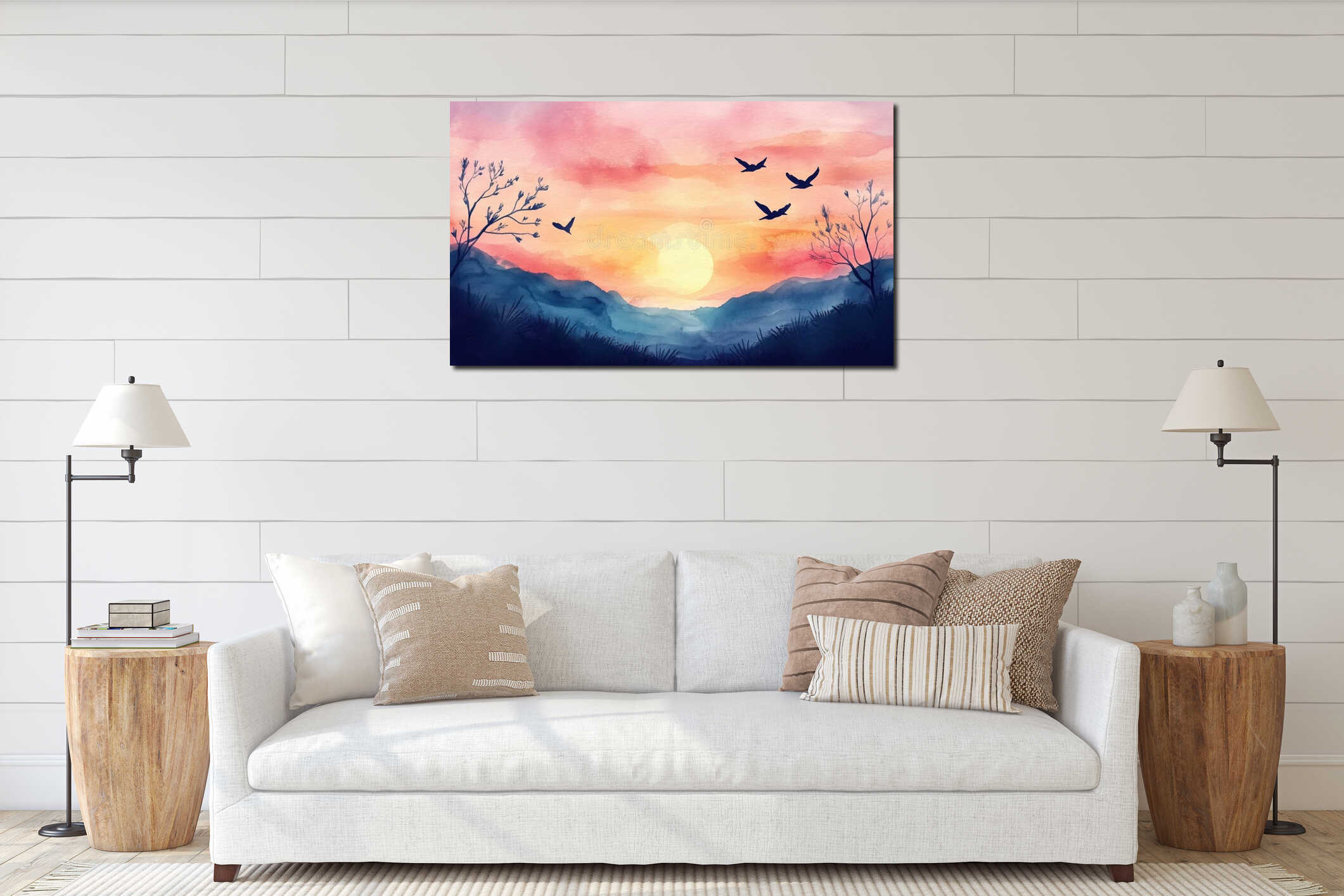 Sunset landscape with birds, vibrant colors, silhouettes of trees, mountains, serene atmosphere, watercolor style interior mockup