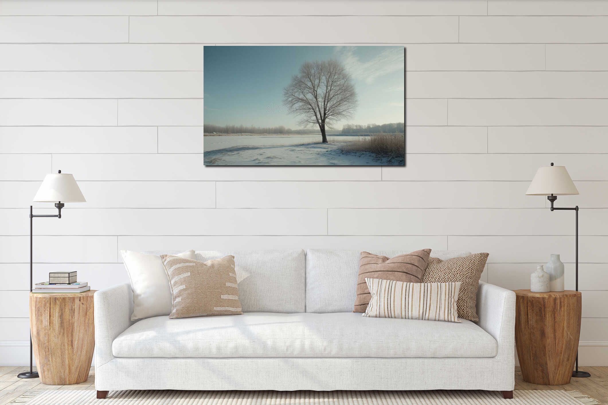 Winter landscape with solitary tree, snow-covered ground, frozen river, clear blue sky, serene atmosphere interior mockup