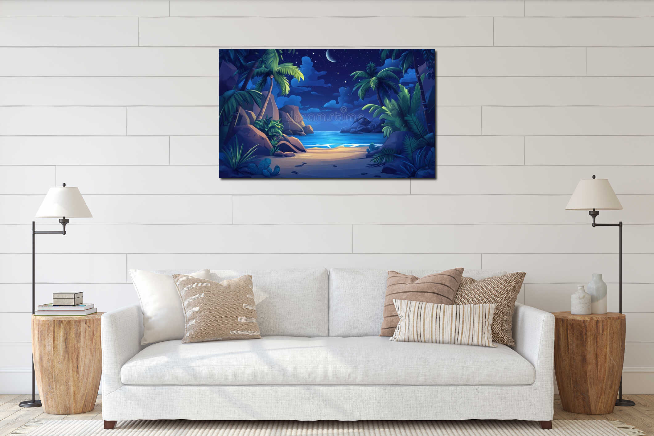 Tropical beach night scene with moonlight, palm trees, rocks, and ocean waves interior mockup