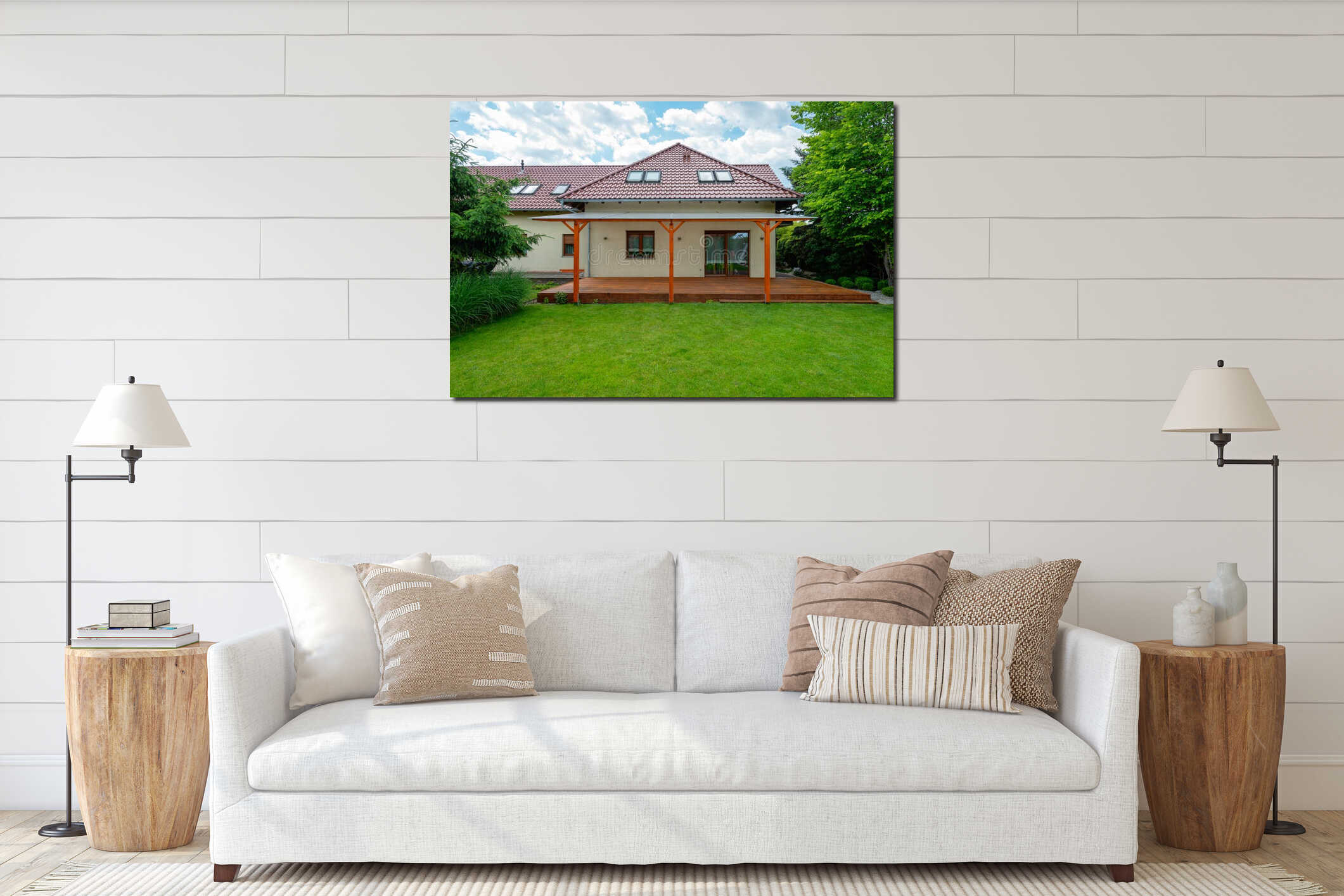 Modern suburban house with a red tiled roof, wooden deck with a transparent pergola interior mockup