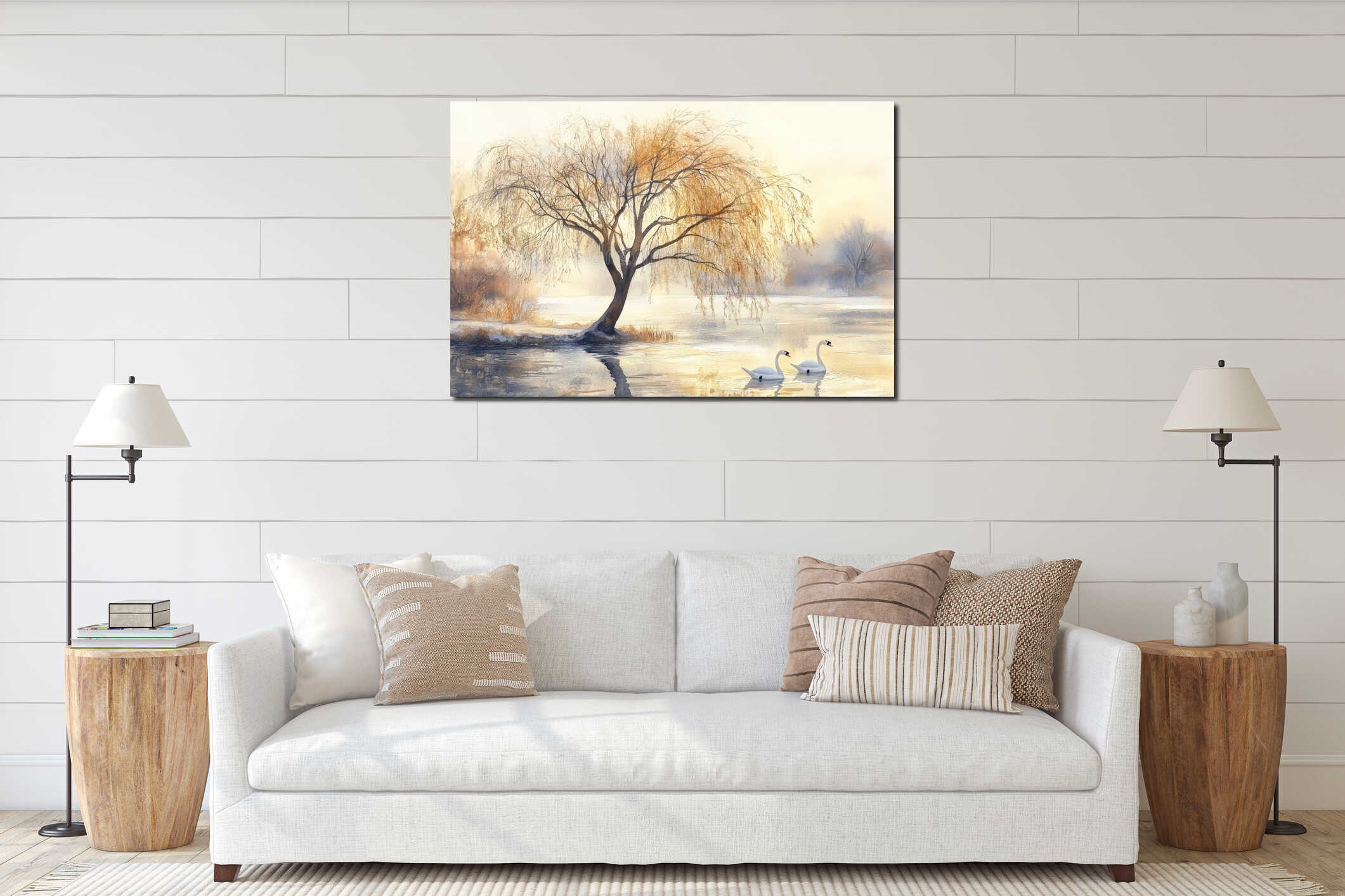 Two elegant swans glide gracefully across a tranquil waterway, accompanied by a solitary willow tree under soft morning interior mockup