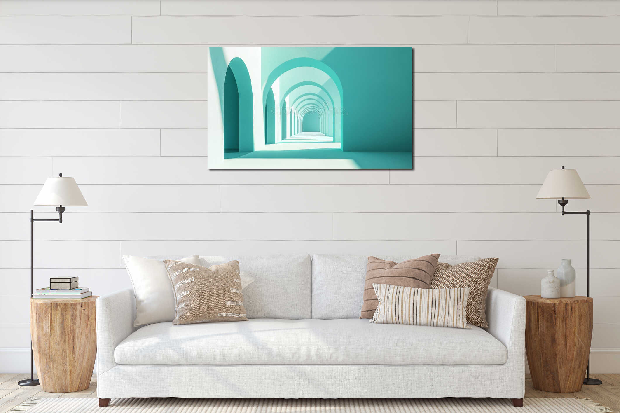 Serene turquoise architectural corridor with arched doorways and soft lighting creating a tranquil atmosphere interior mockup