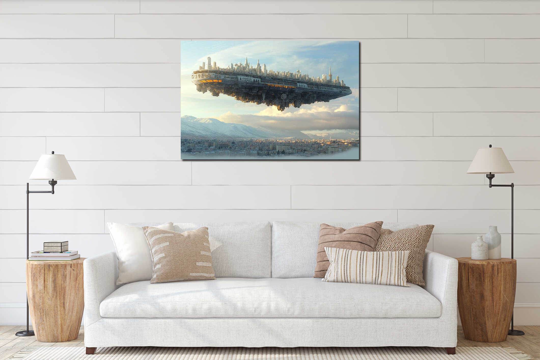 Floating industrial city above a modern skyline during golden hour interior mockup