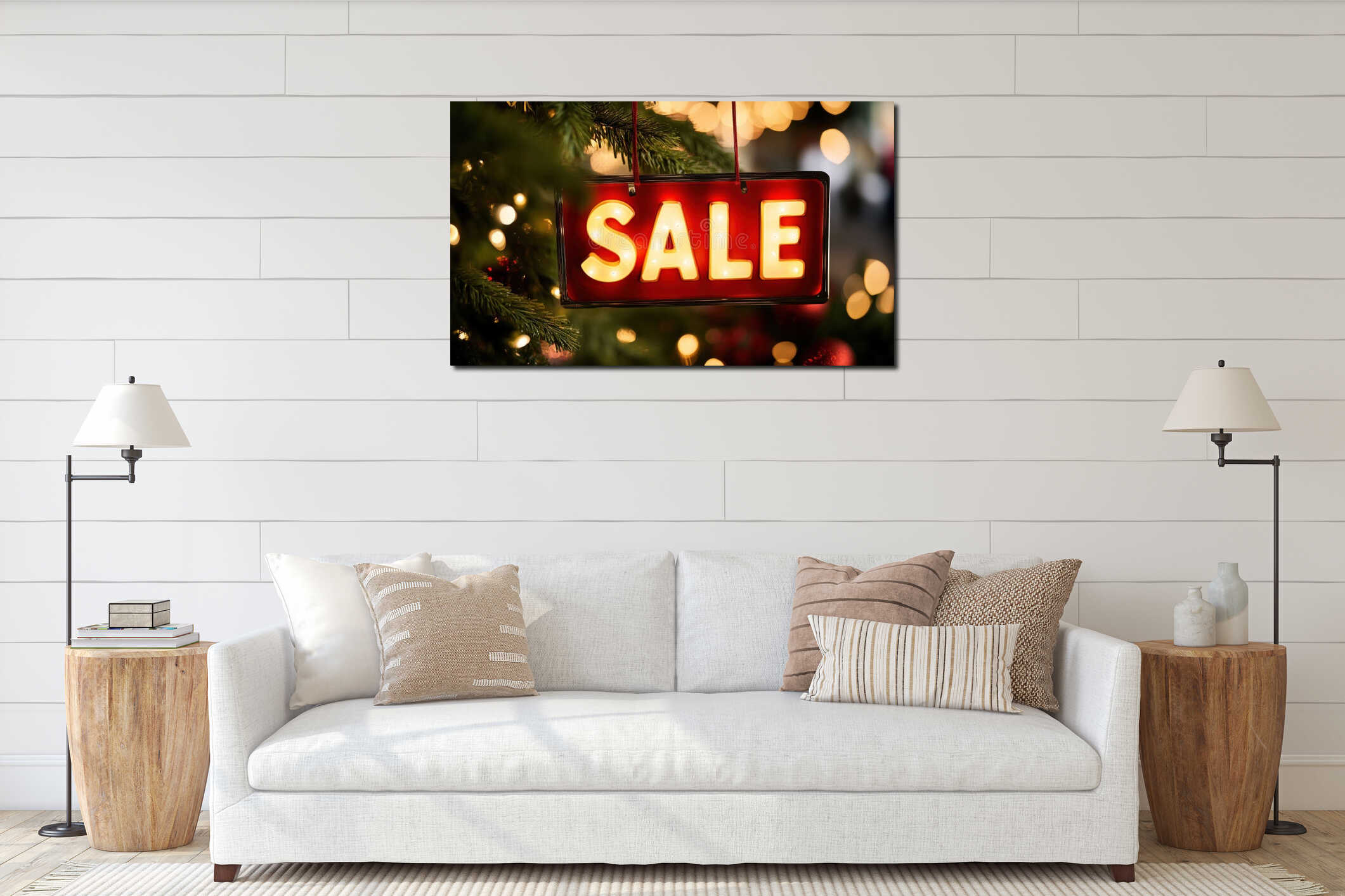 Bright SALE sign illuminated on Christmas tree with festive bokeh lights in background, capturing holiday shopping interior mockup