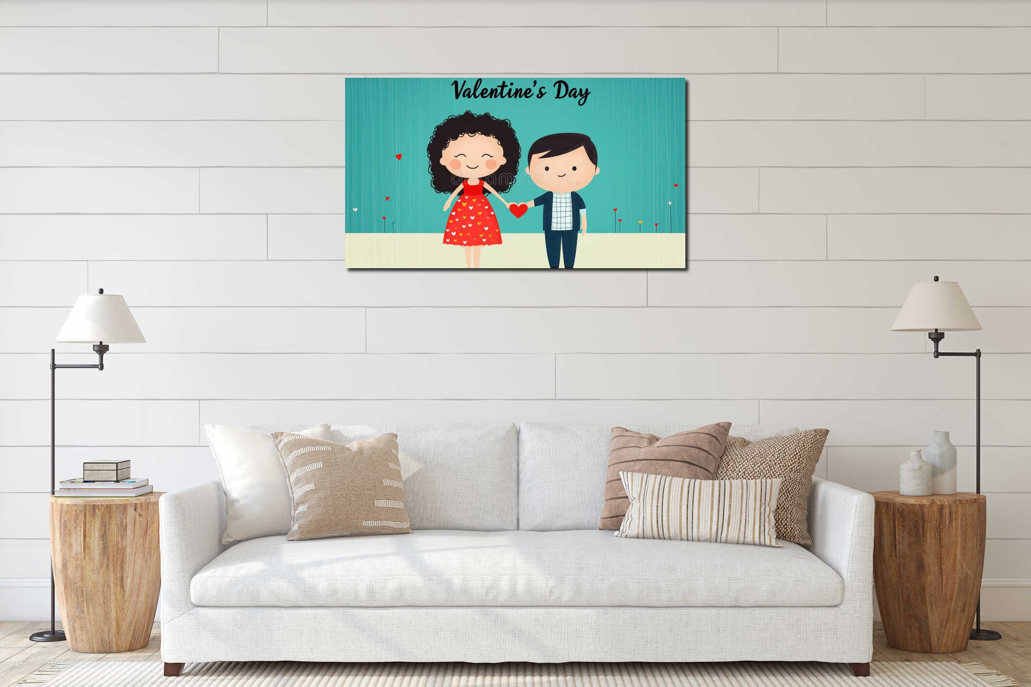 Cheerful man and woman joyfully holding red heart, Valentines day interior mockup