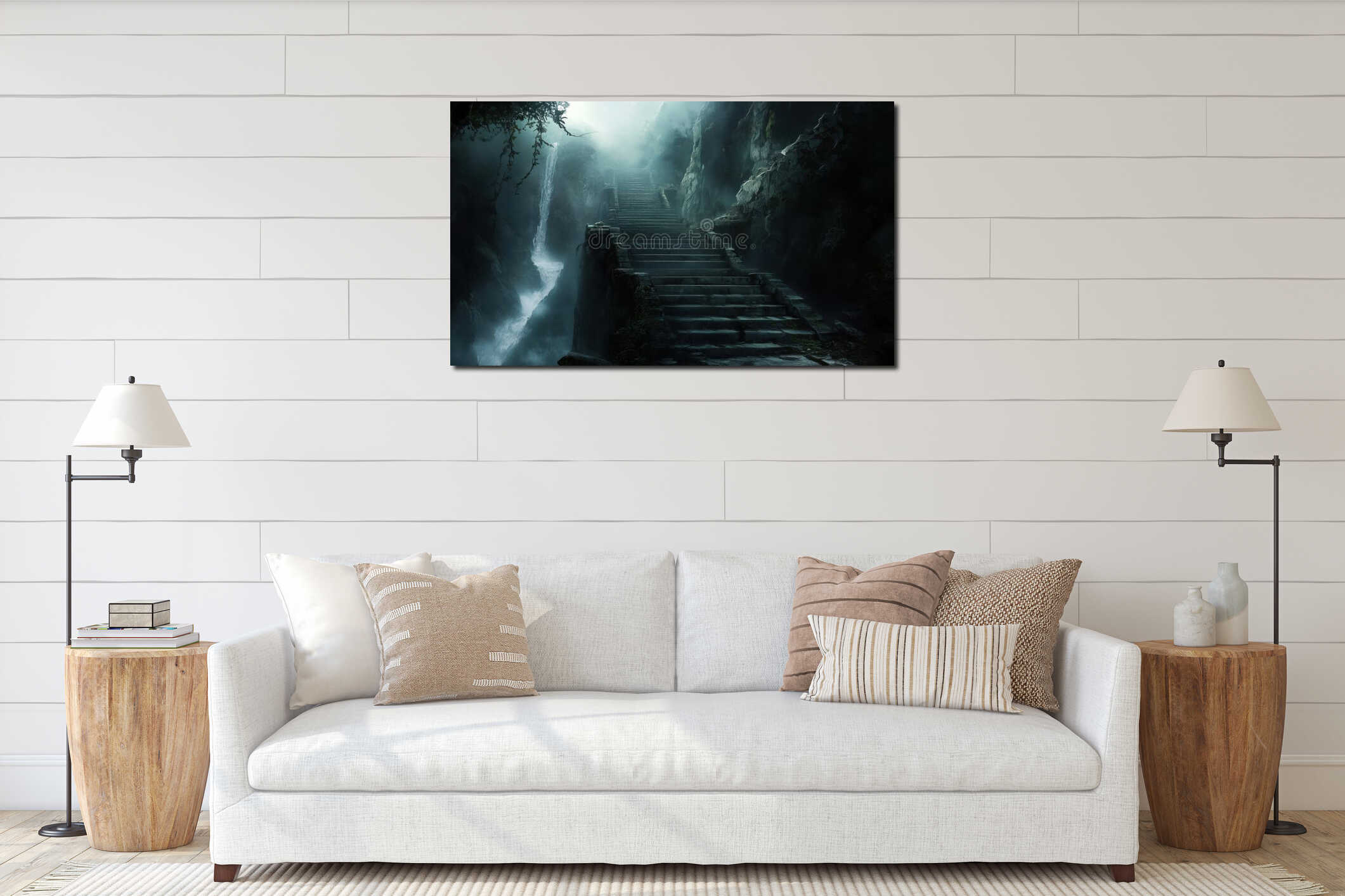 Mysterious stone staircase leading to waterfall, surrounded by mist and rocky cliffs interior mockup