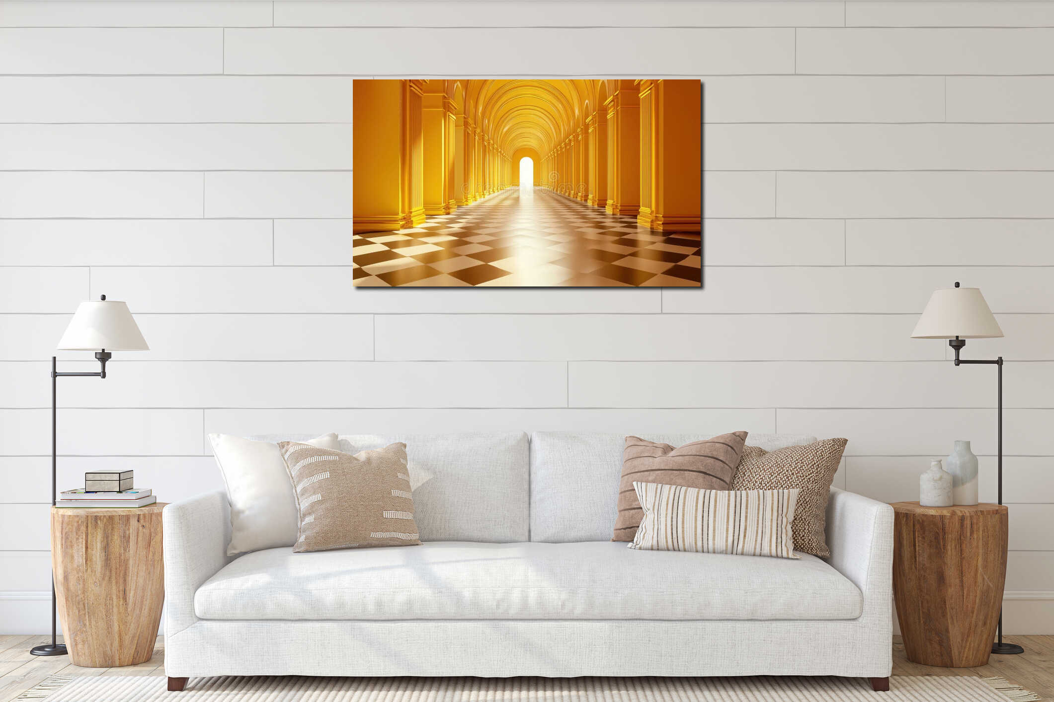 Golden corridor with arches and checkered floor leading to bright light interior mockup