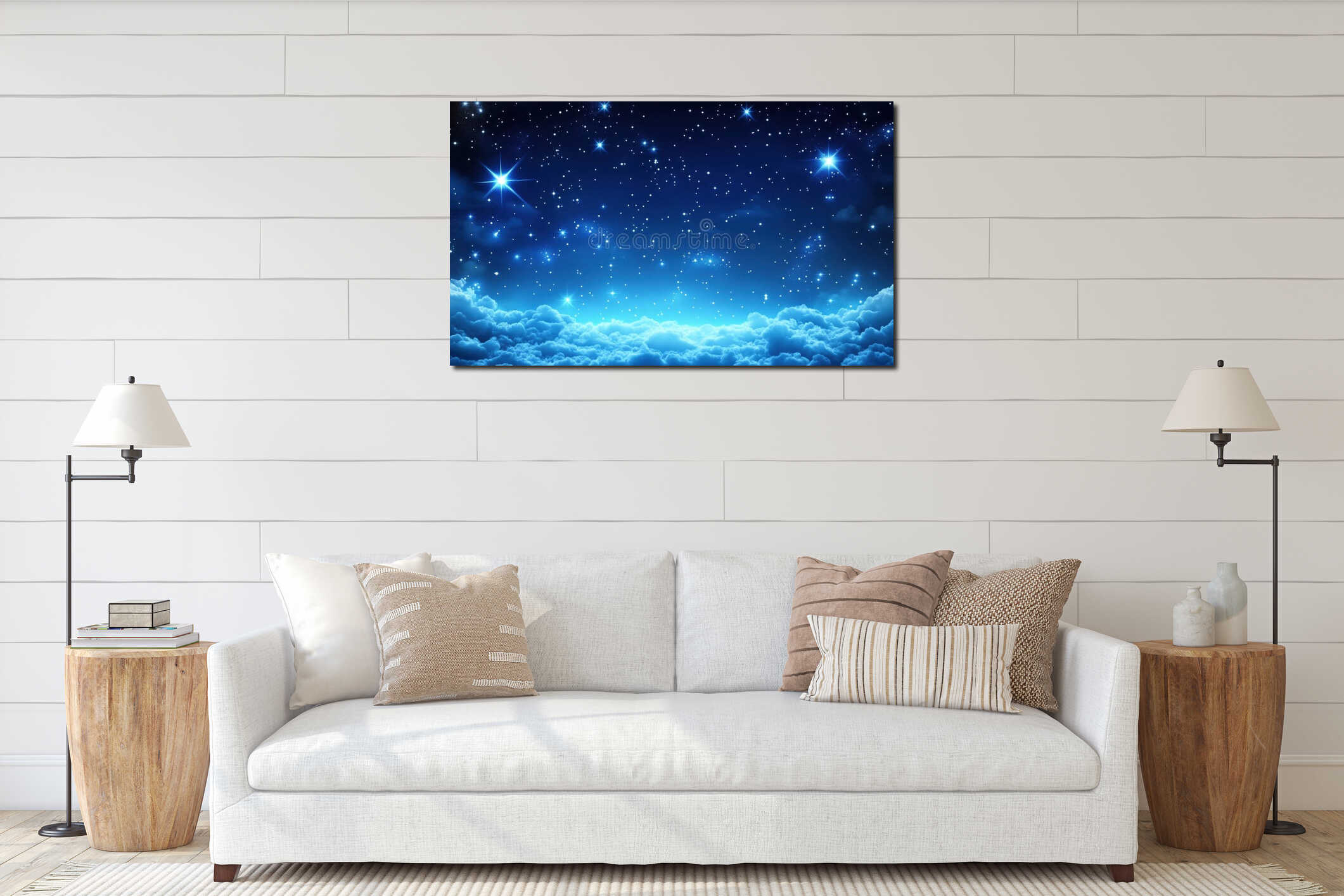 Starry night sky with clouds, bright stars, deep blue background, celestial beauty, serene atmosphere interior mockup