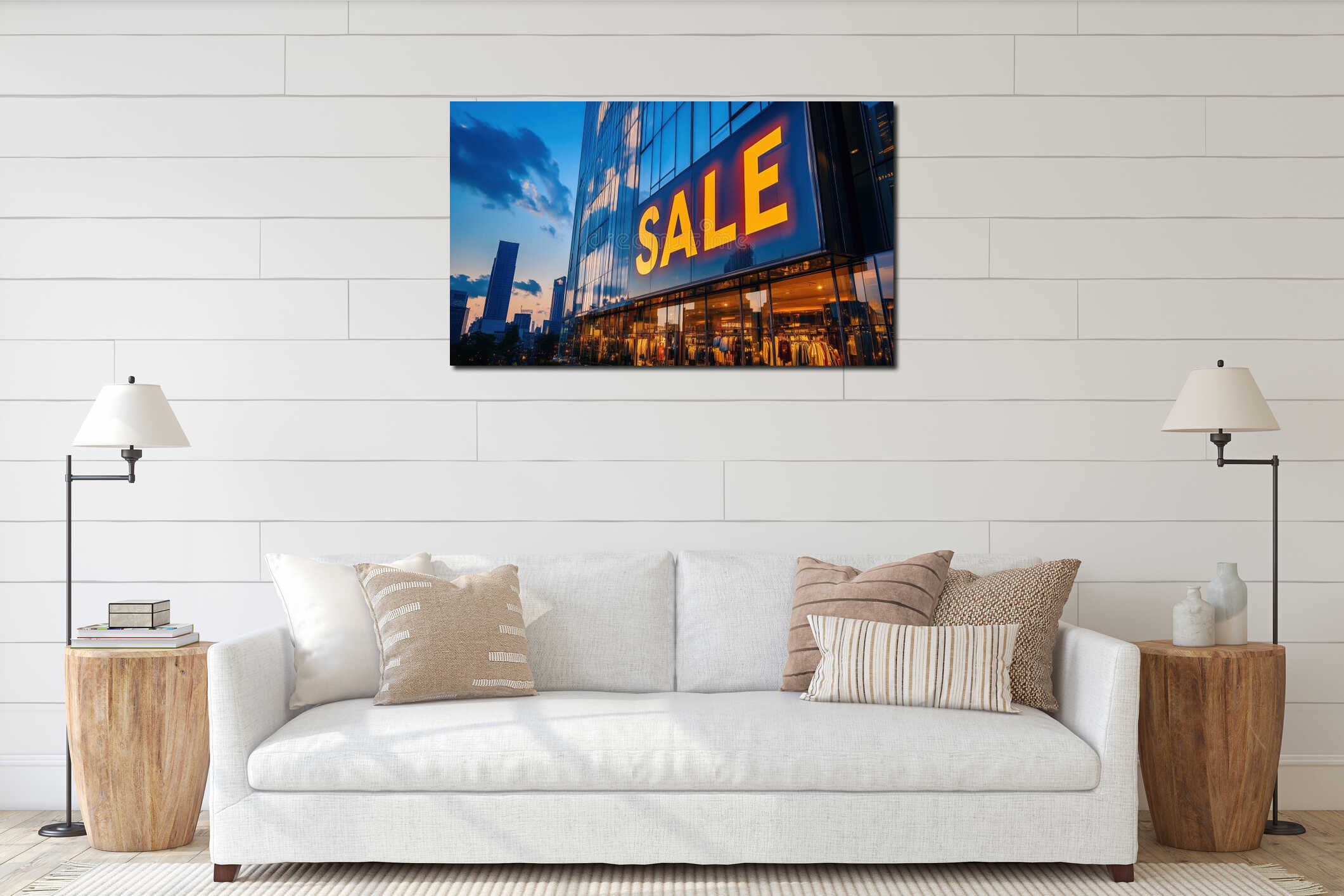 SALE sign illuminated on modern retail building showcasing clothing and city skyline at dusk interior mockup