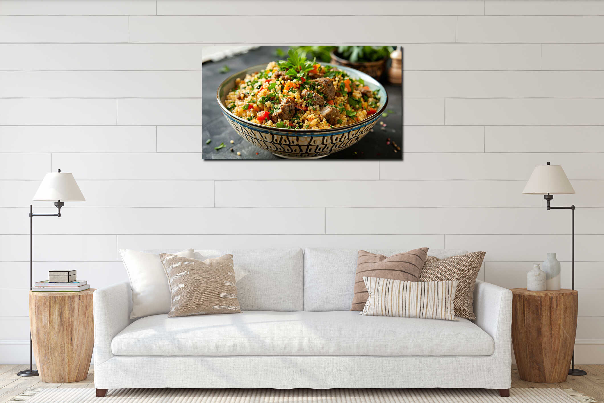 Meat and vegetable couscous in bowl, typical food from Morocco, a traditional festive Arabic dish with herbs and spices interior mockup