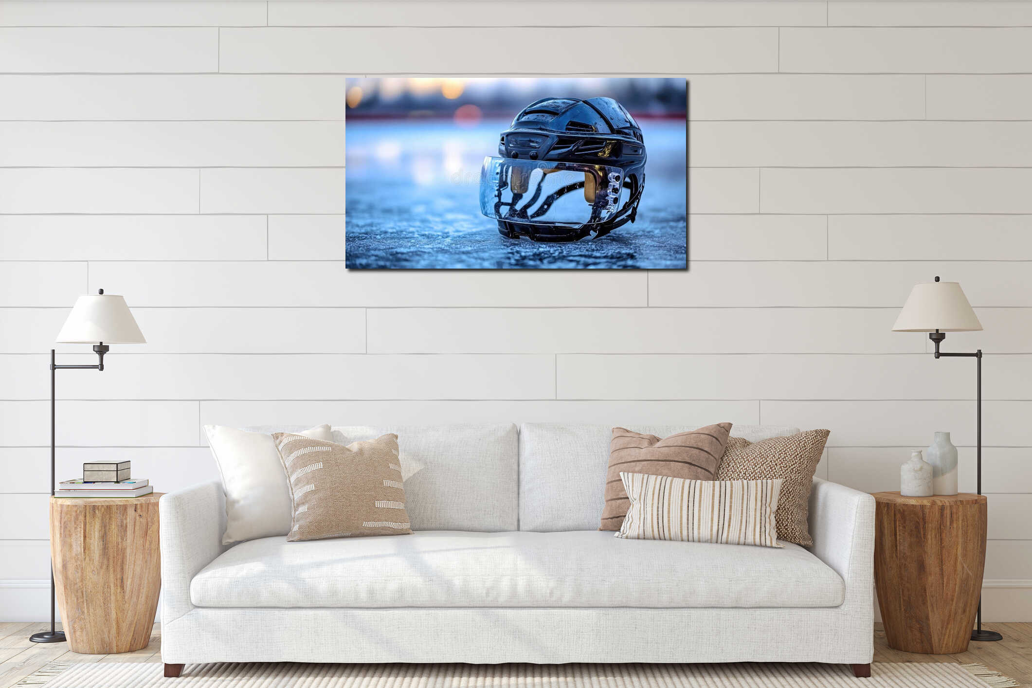 Close-up of black ice hockey helmet on frozen outdoor rink at sunset interior mockup