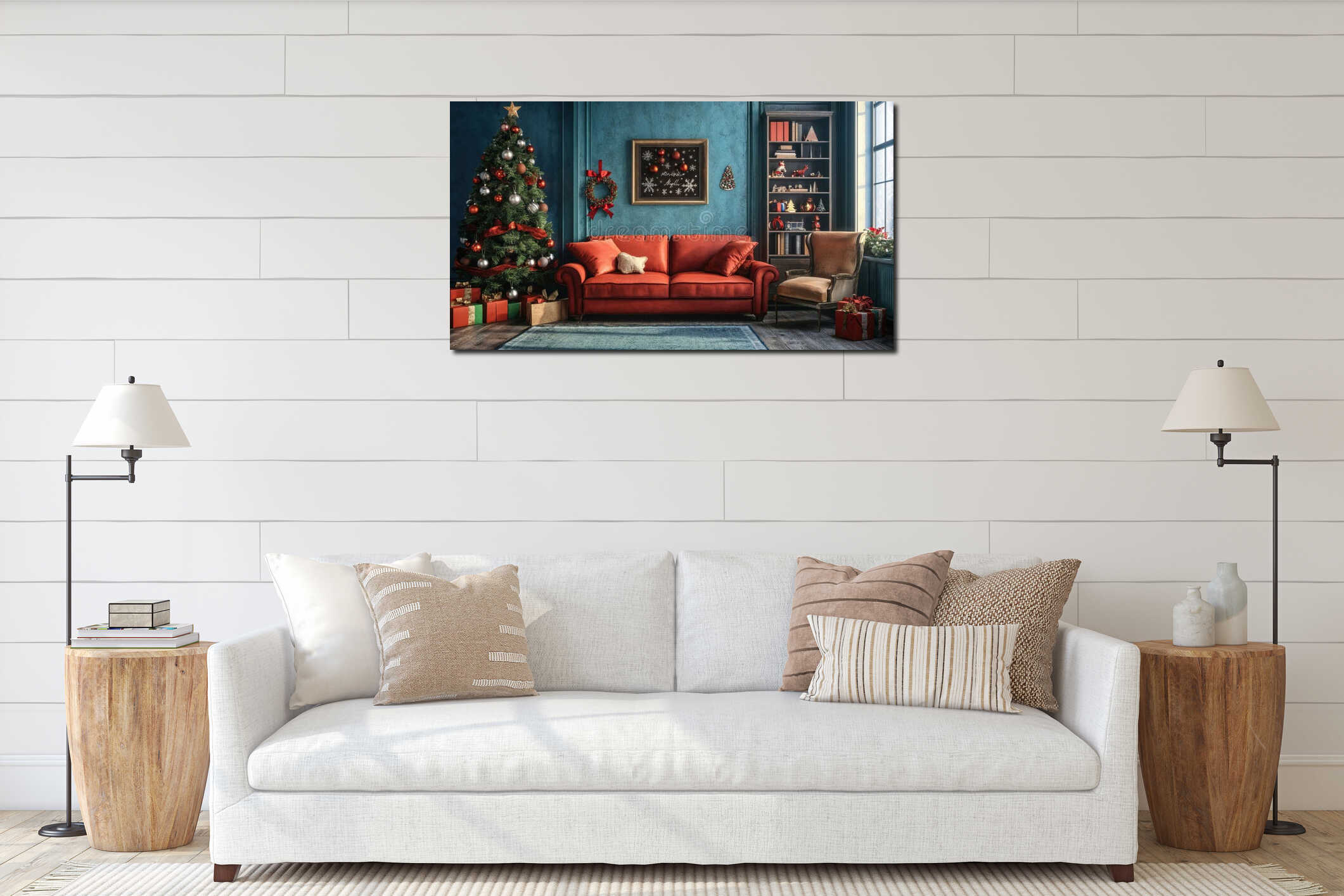 Cozy Christmas living room with decorated tree, red sofa and teal walls. Elegant holiday interior featuring traditional interior mockup