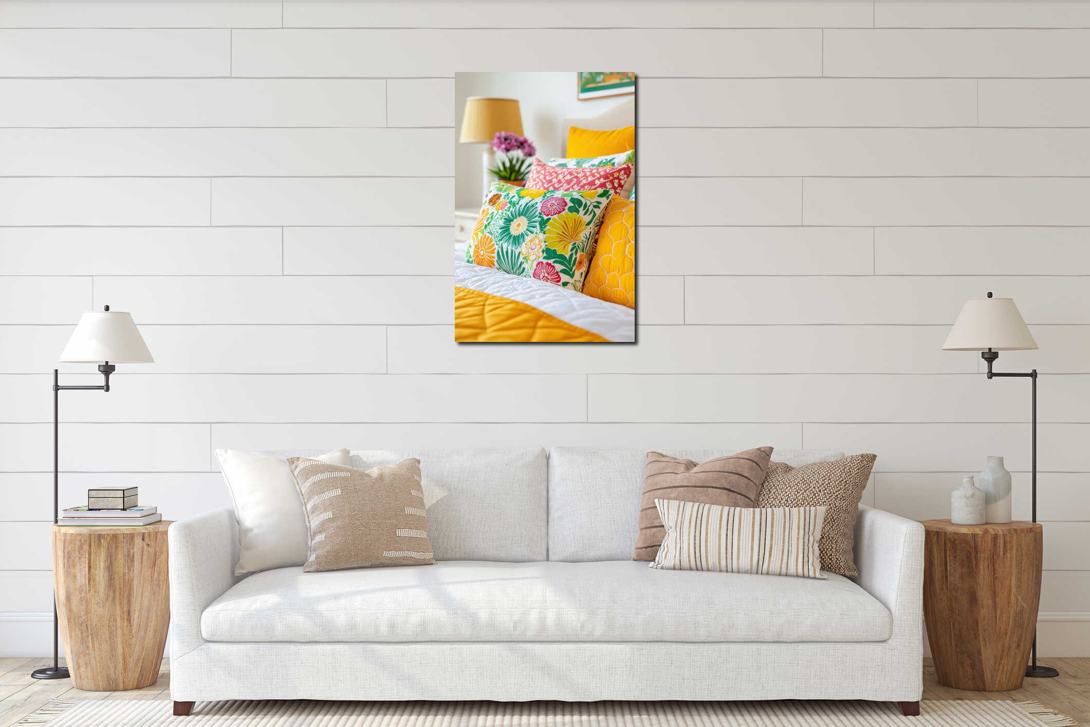 Vibrant eclectic bedroom with retro quilt featuring colorful patterned pillows and a warm bedside lamp interior mockup