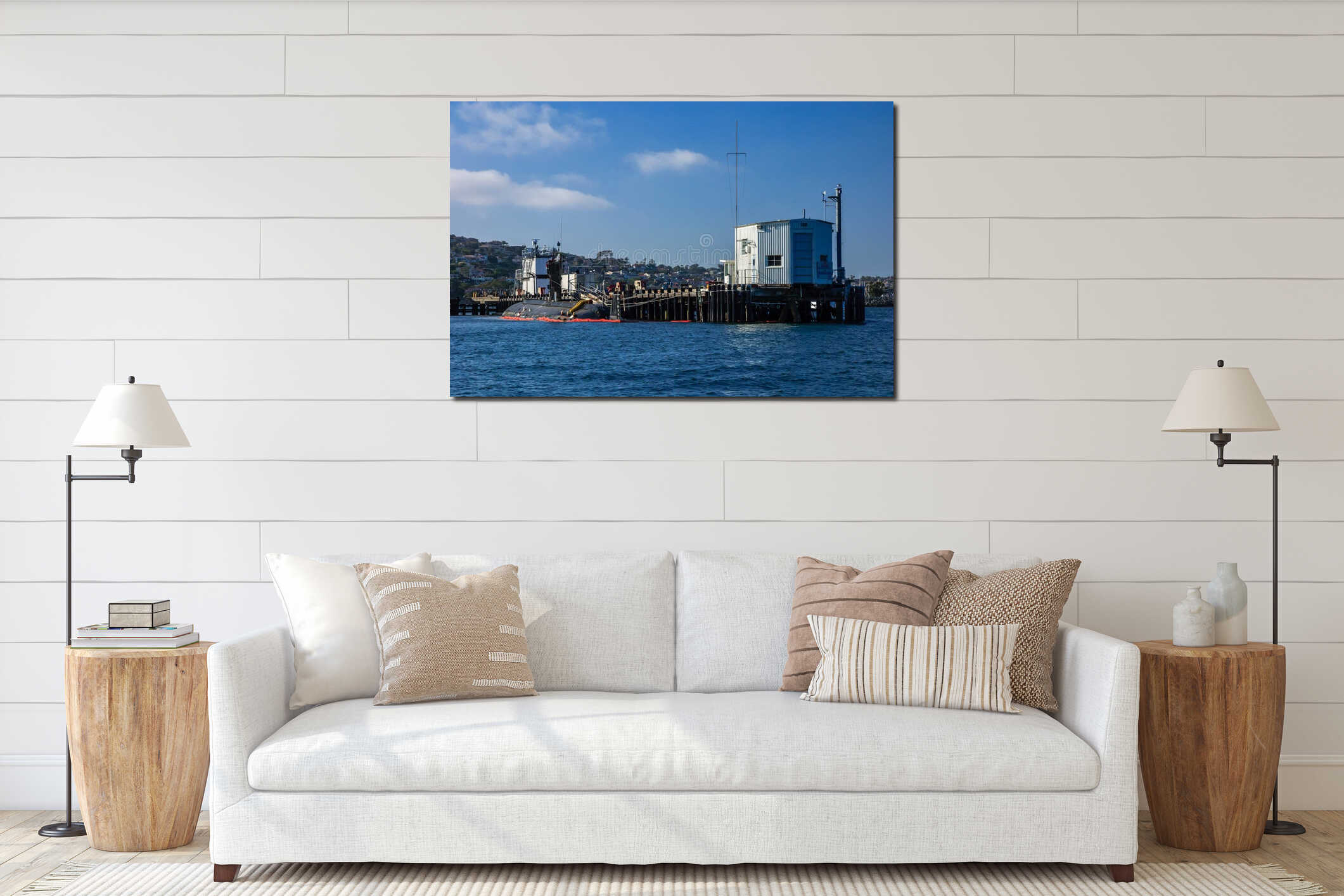 A large ship is docked at a pier interior mockup