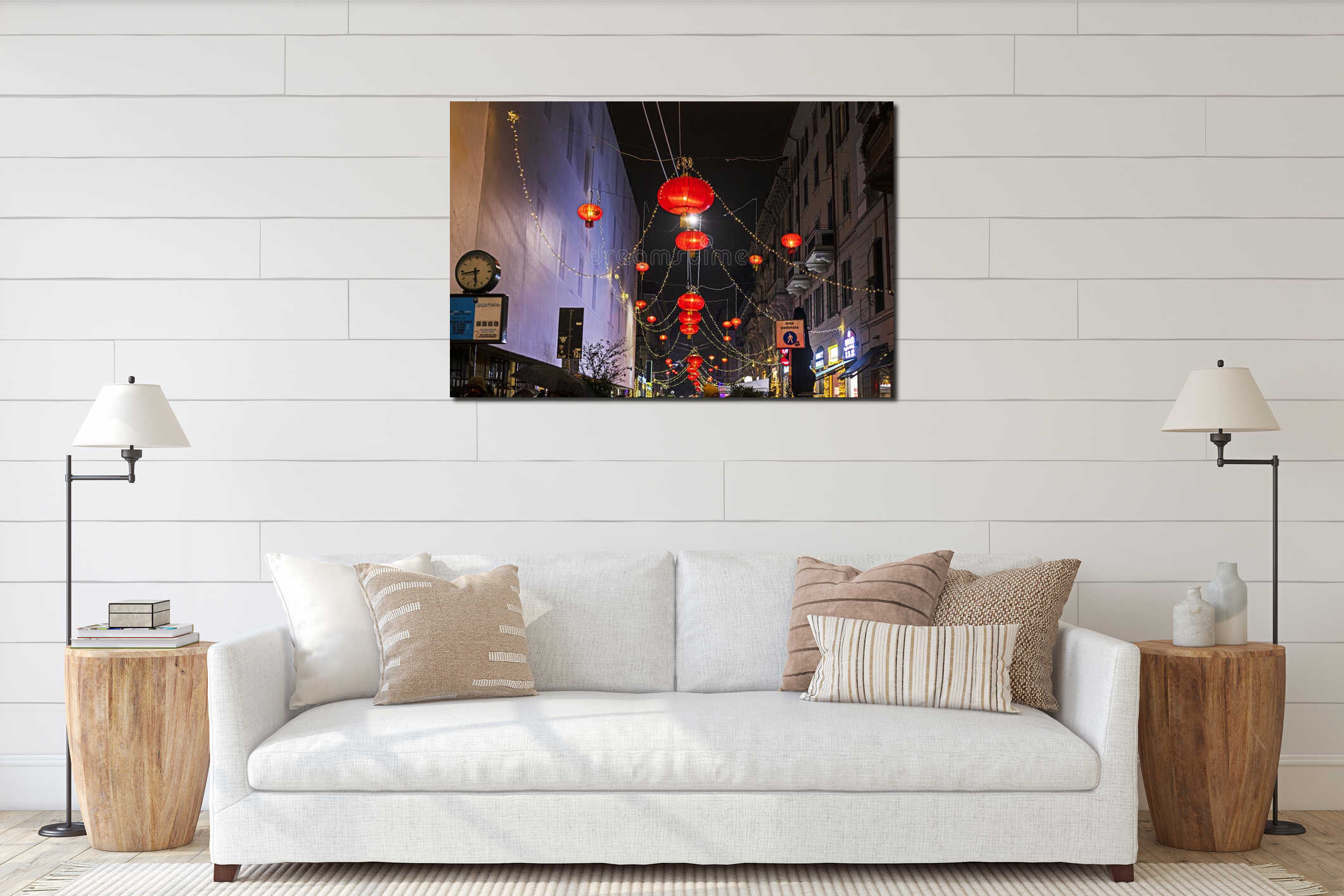 beautiful evening city with chinese red lanterns interior mockup