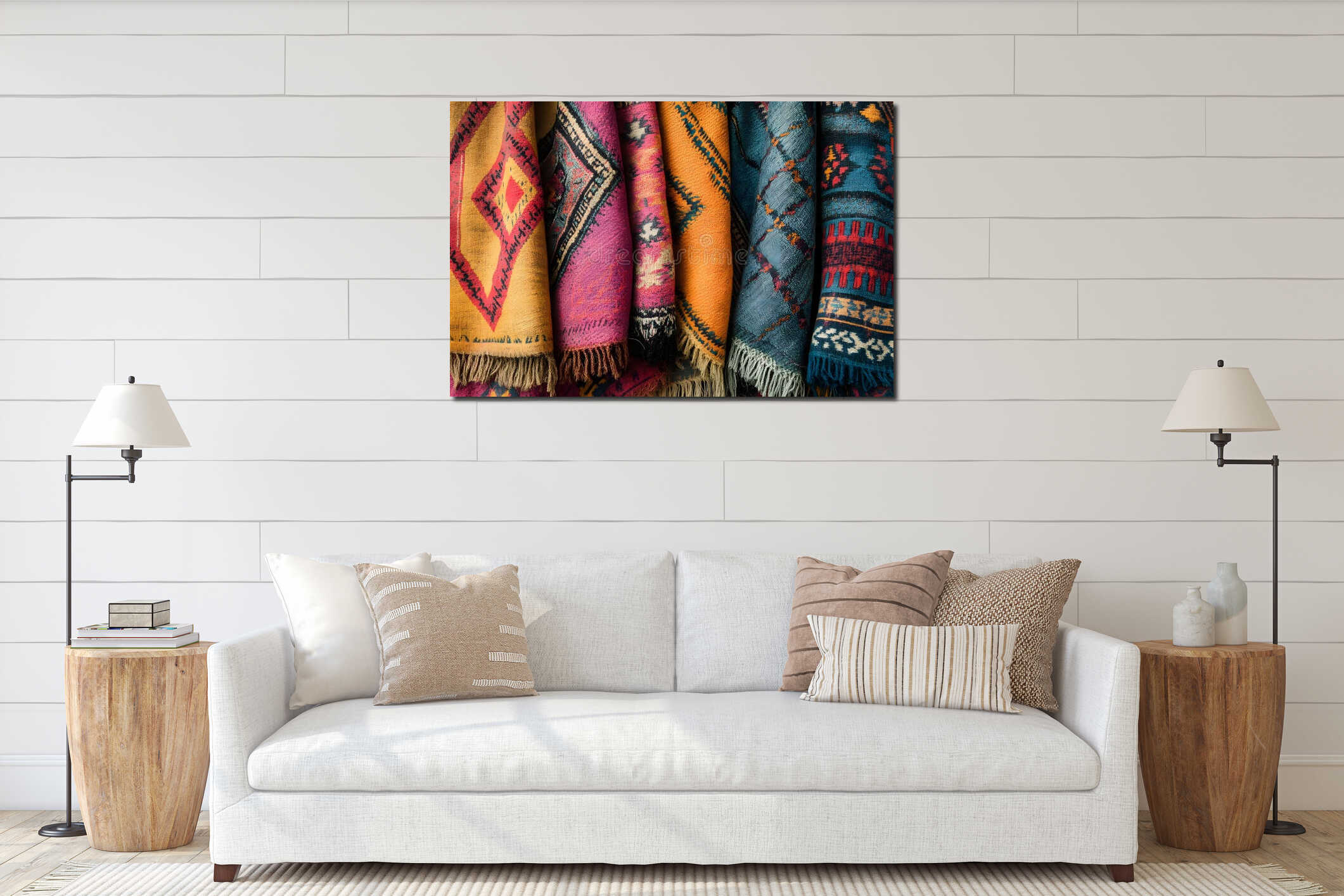 Generative AI Vibrant and Traditional Handmade Colorful Woven Fabrics with Intricate Tribal Patterns business conc interior mockup