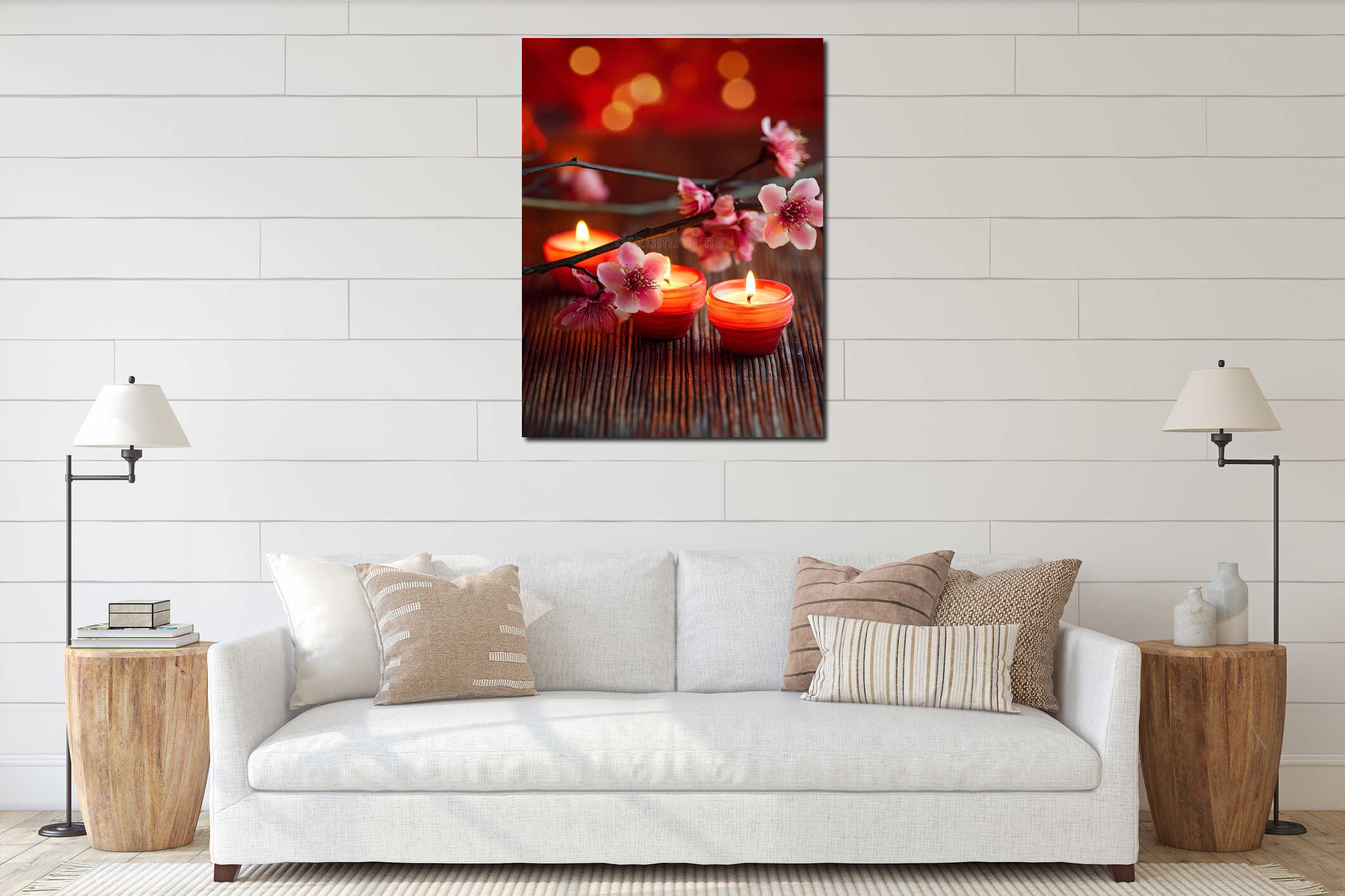 Generative AI Serene Candlelit Cherry Blossoms with Warm Cozy Ambiance business concept. interior mockup