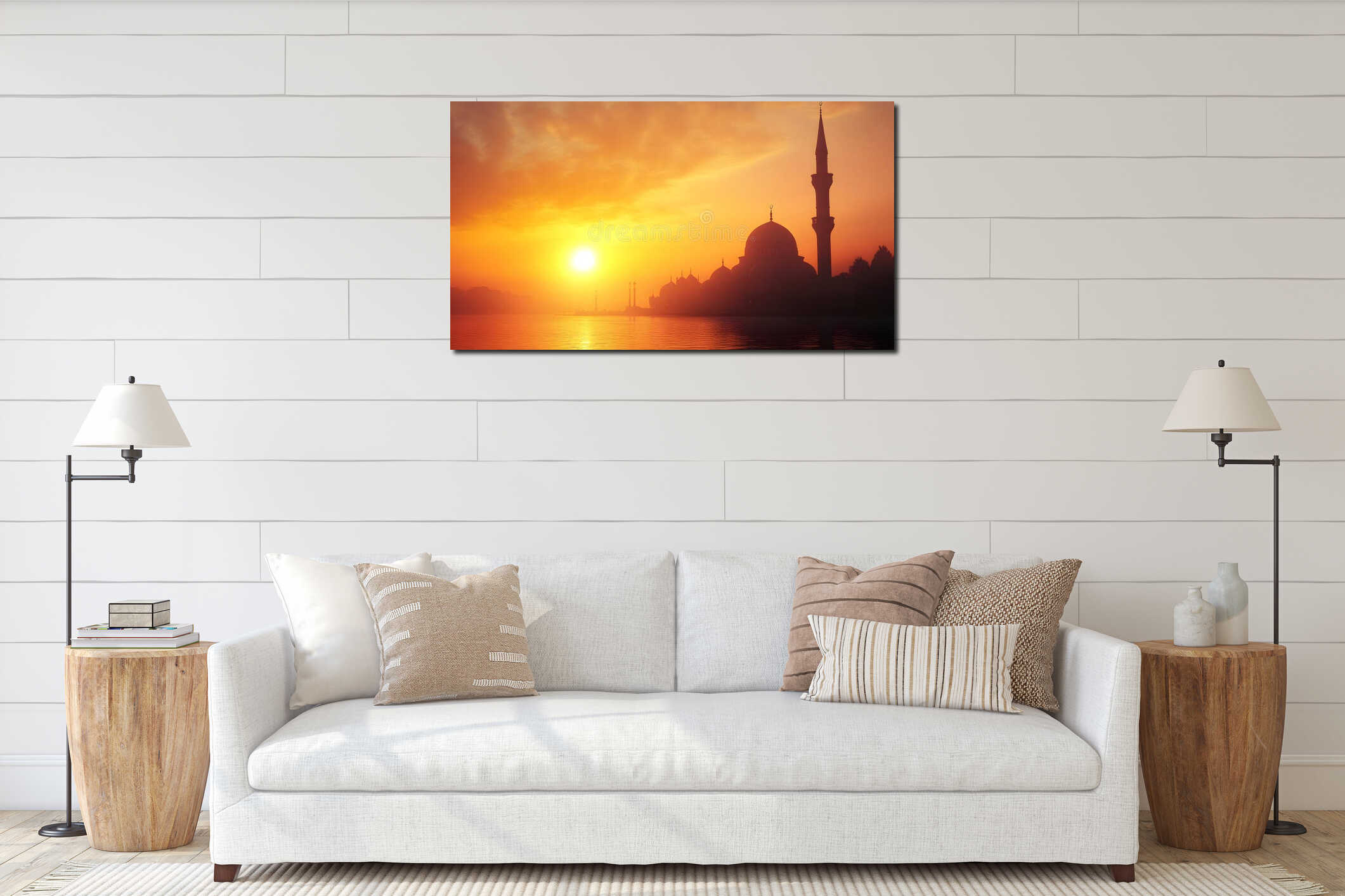 Generative AI Serene Sunset over Waters with Silhouette of Mosque and Reflection business concept. interior mockup