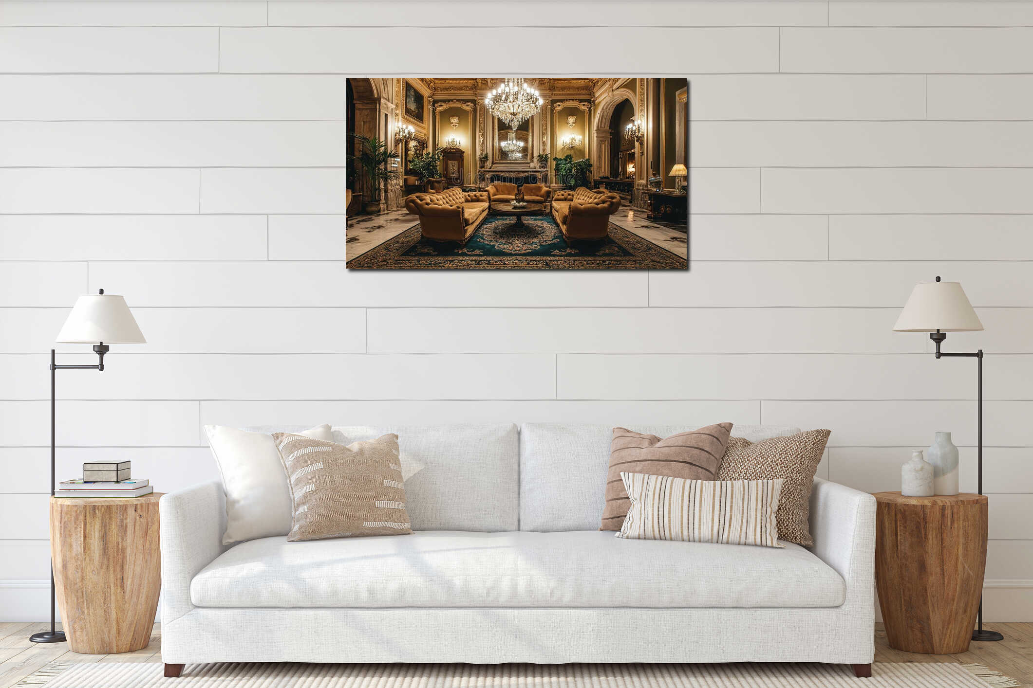A luxurious hotel lobby with elegant furniture and a grand chandelier interior mockup