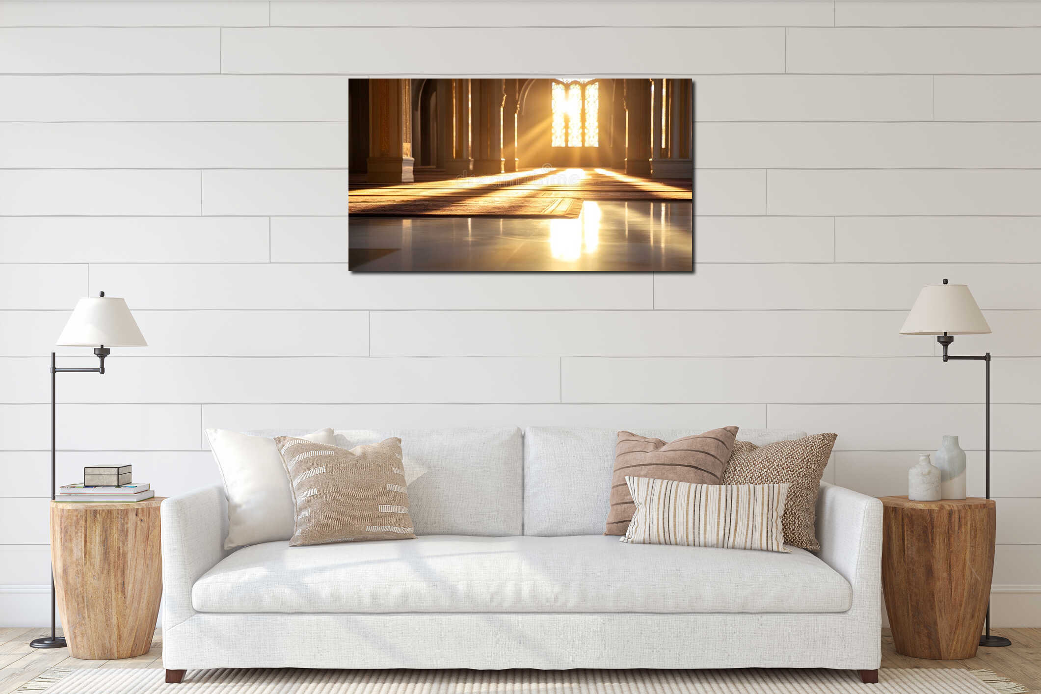 Generative AI Sunlit Corridor in Historic Mosque Interior with Glowing Arches business concept. interior mockup