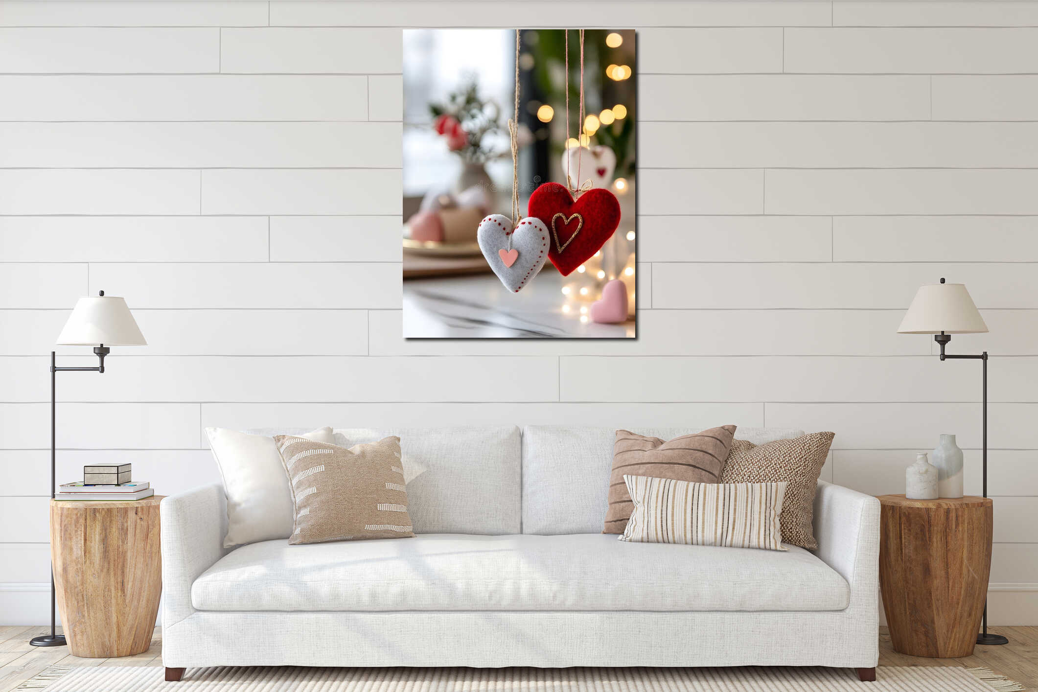 Generative AI Cozy Valentine Felt Heart Ornaments with Warm Lighting for Romantic Home Decor business concept. interior mockup