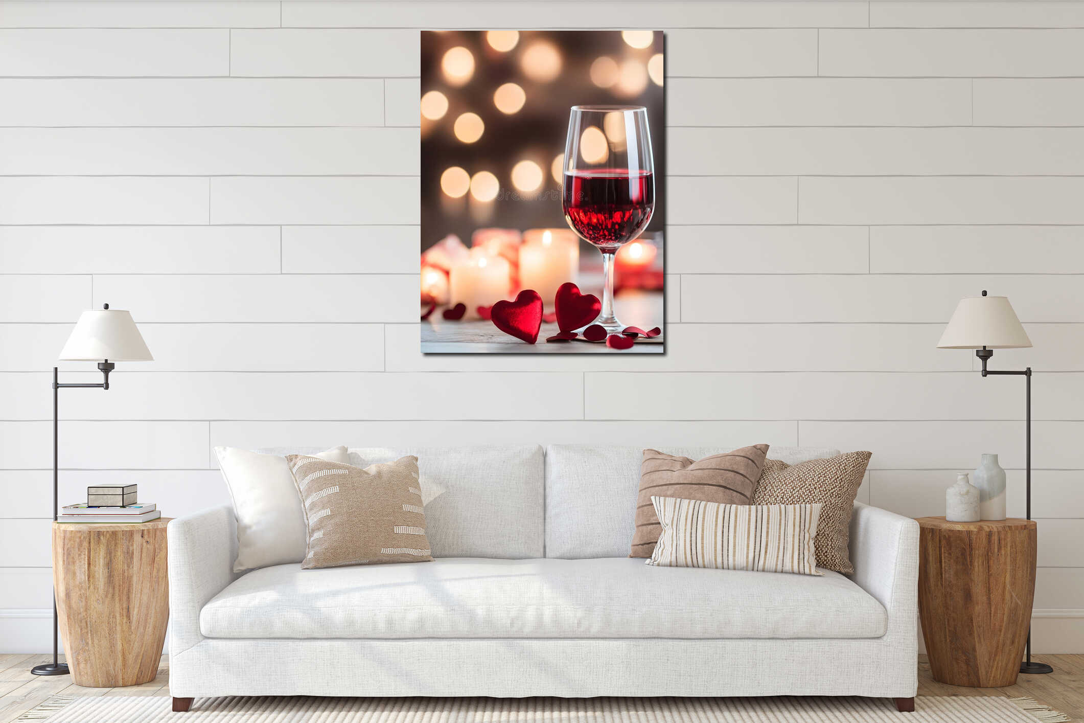Generative AI Cozy Romantic Setting with Red Wine Heart Decorations Candles for Valentines Night business concept. interior mockup