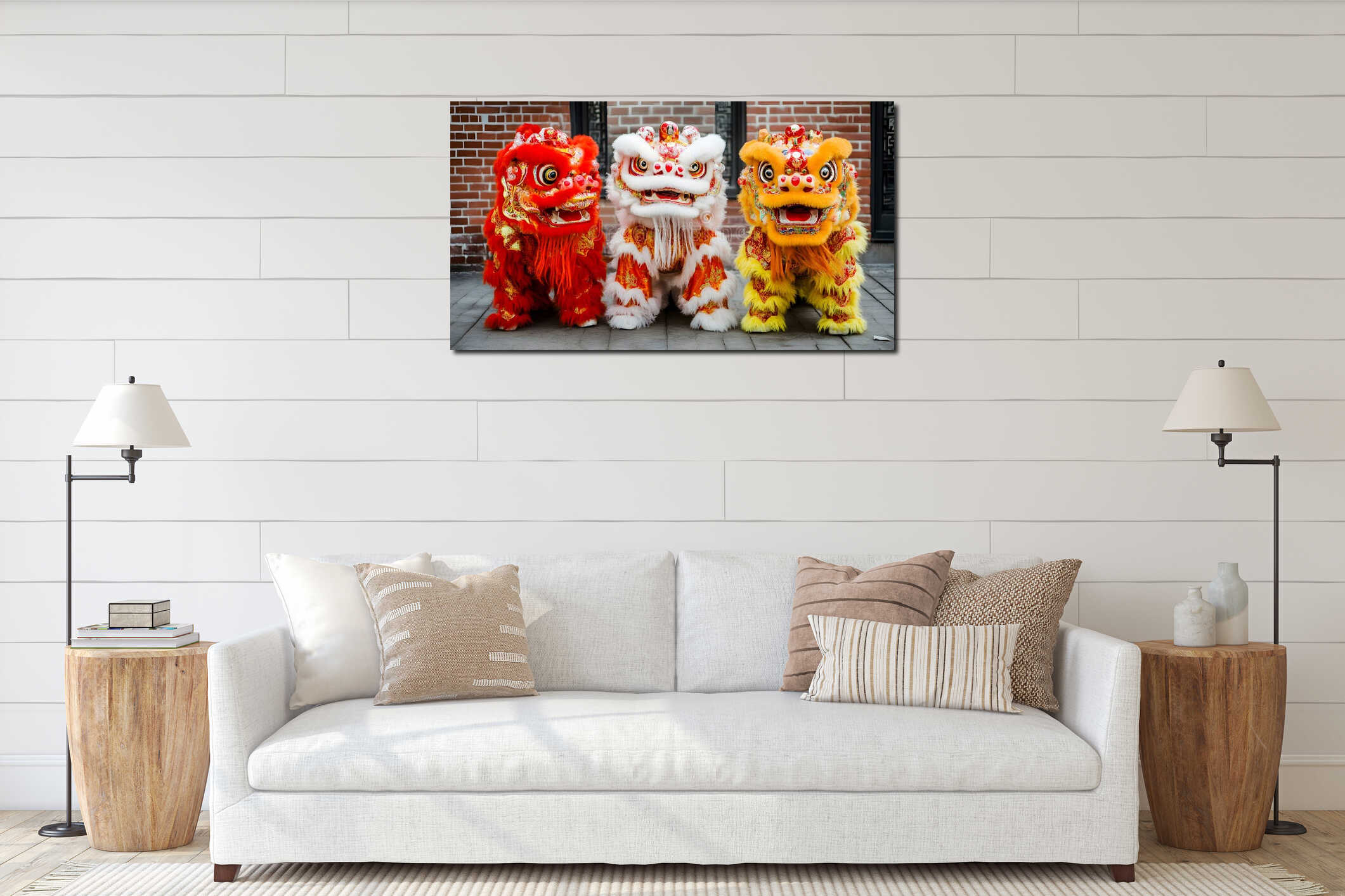 Generative AI Vibrant Traditional Chinese Lion Dance Costumes in Street Performance Setup business concept. interior mockup