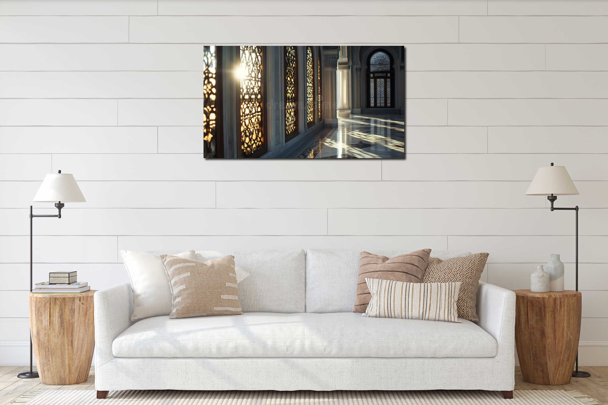 Generative AI Sunlit Traditional Mosque Interior with Decorative Artistry and Reflective Marble Flooring business interior mockup