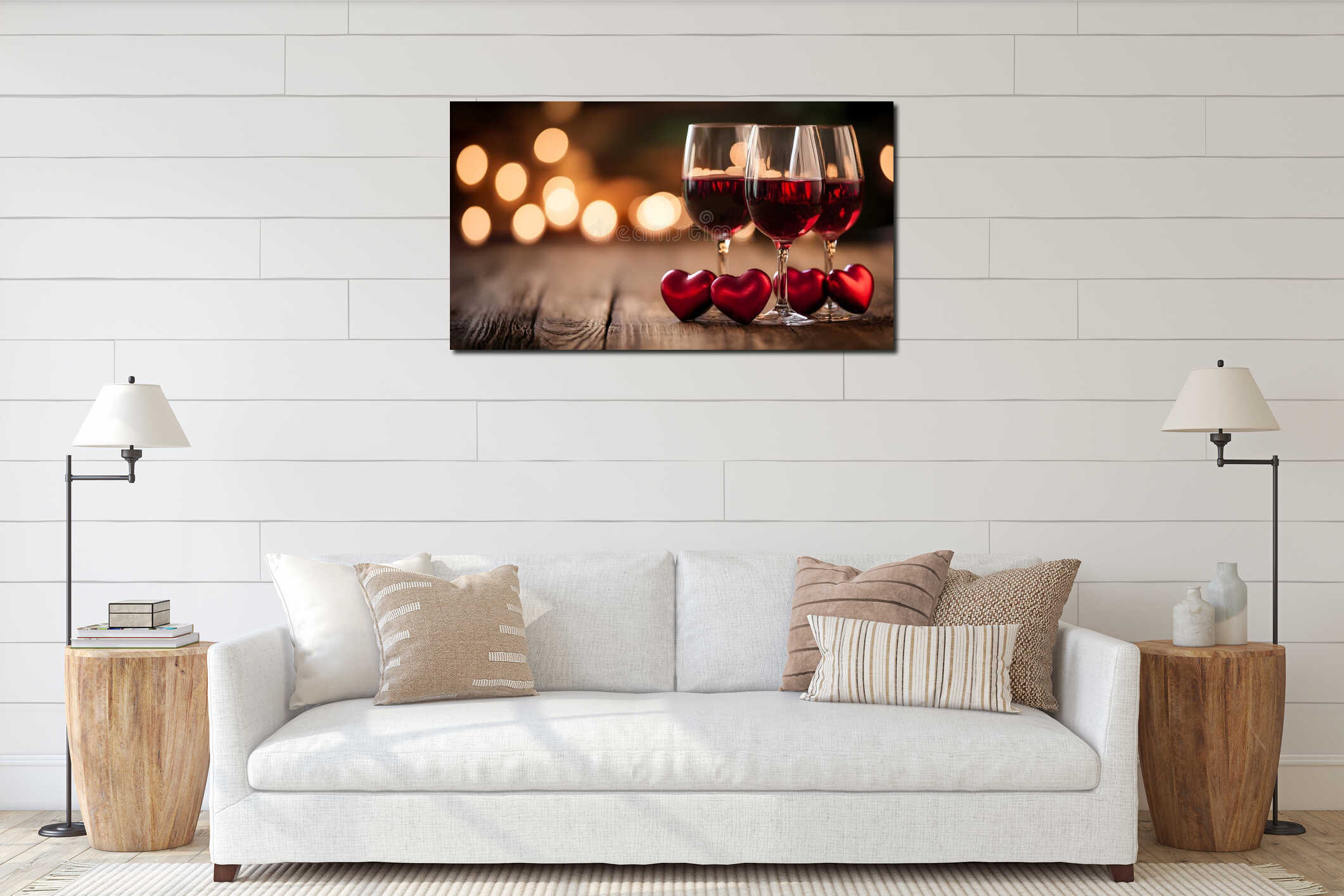 Generative AI Cozy Romantic Evening Red Wine with Heart Decorations and Warm Lights business concept. interior mockup