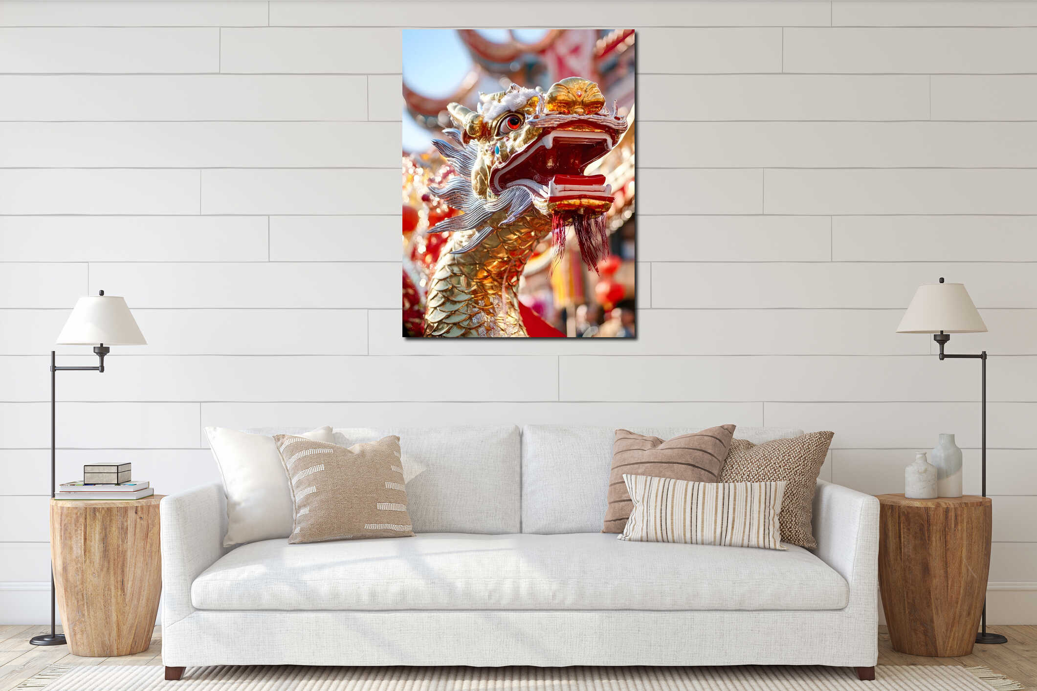 Generative AI Vibrant Golden Dragon Head at Traditional Asian Festival Parade business concept. interior mockup