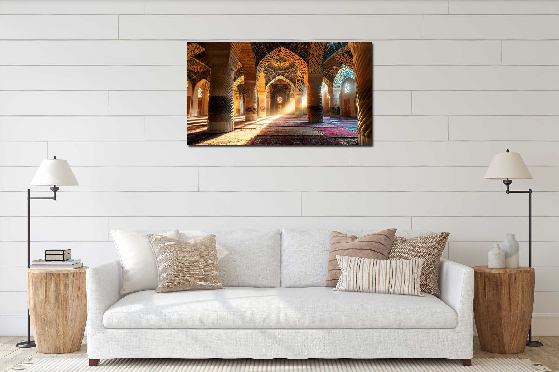 Generative AI Majestic Sunlit Mosque Interior with Intricate Islamic Architecture business concept. interior mockup