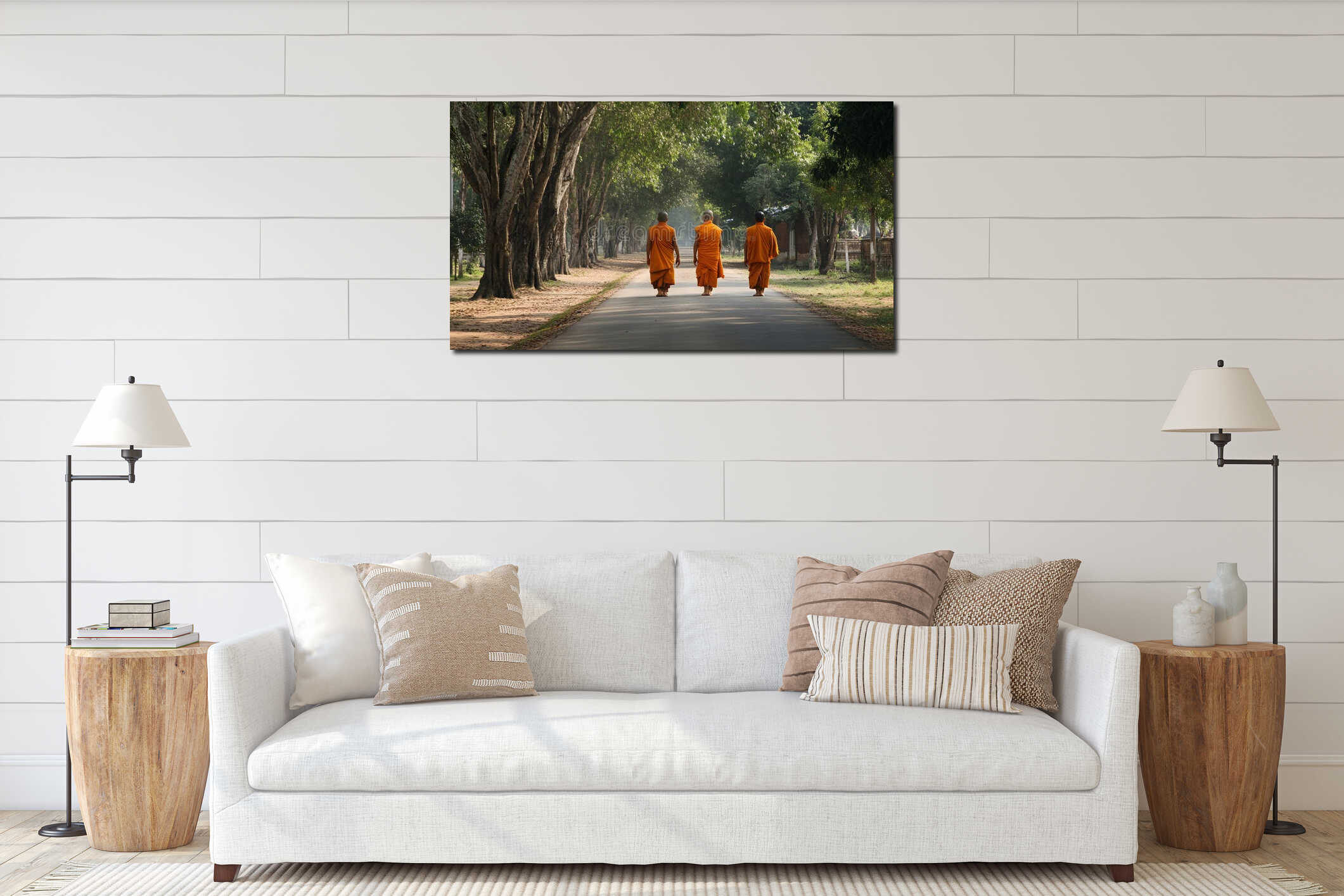 Generative AI Serene Walk of Buddhist Monks in Orange Robes through a Scenic Forest Path of Tall Trees business co interior mockup
