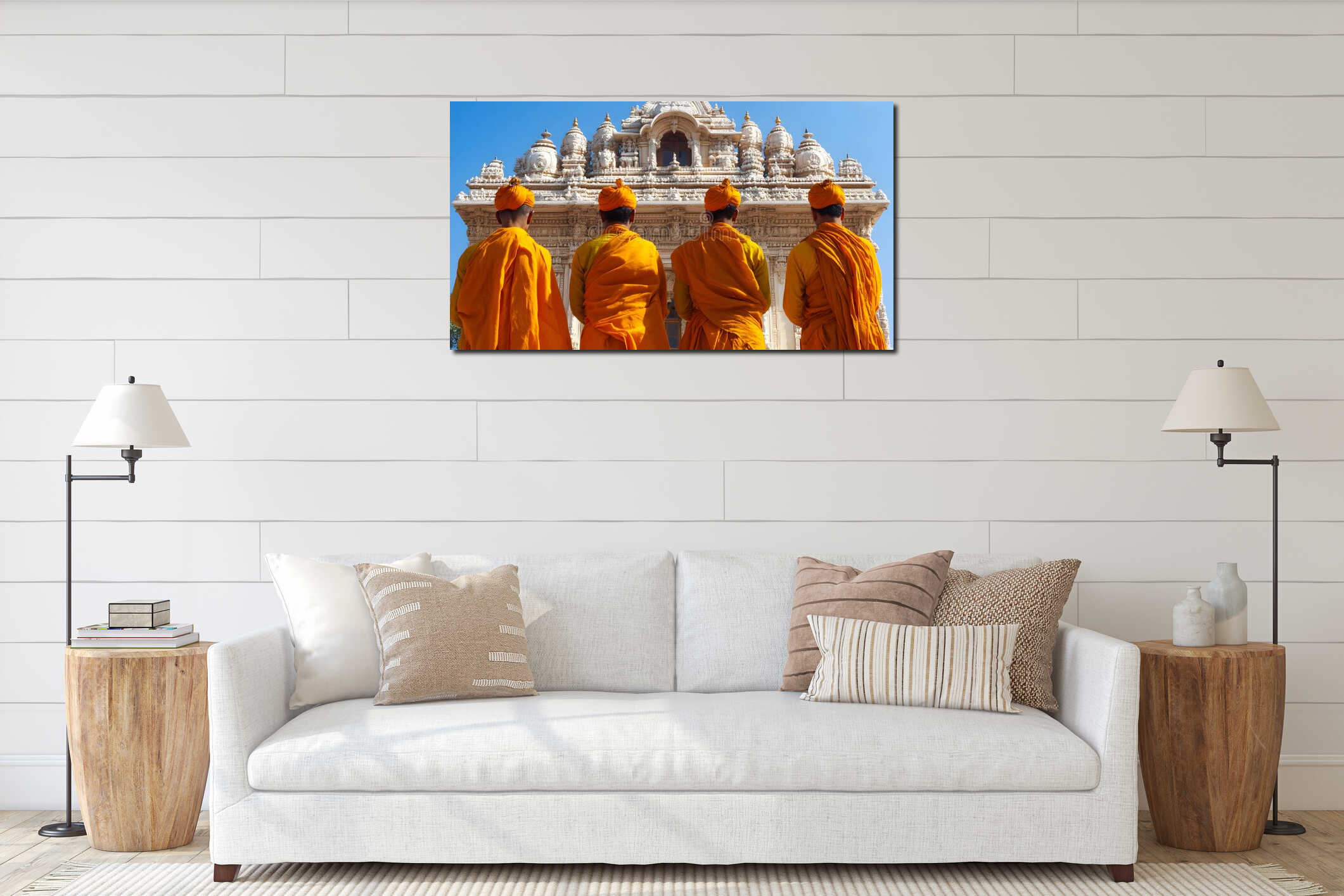 Generative AI Four Monks in Vibrant Orange Robes Meditating at the Temple Entrance in Bright Daylight business con interior mockup