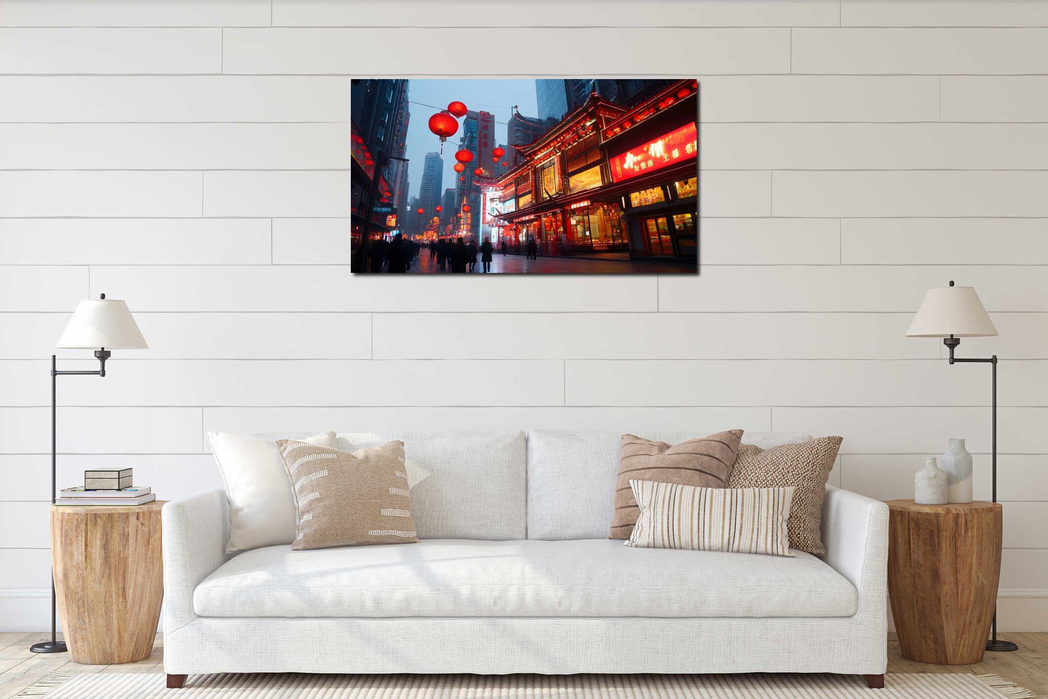 Generative AI Evening Street Scene in Bustling Chinese City with Red Lanterns Hanging Overhead business concept. interior mockup