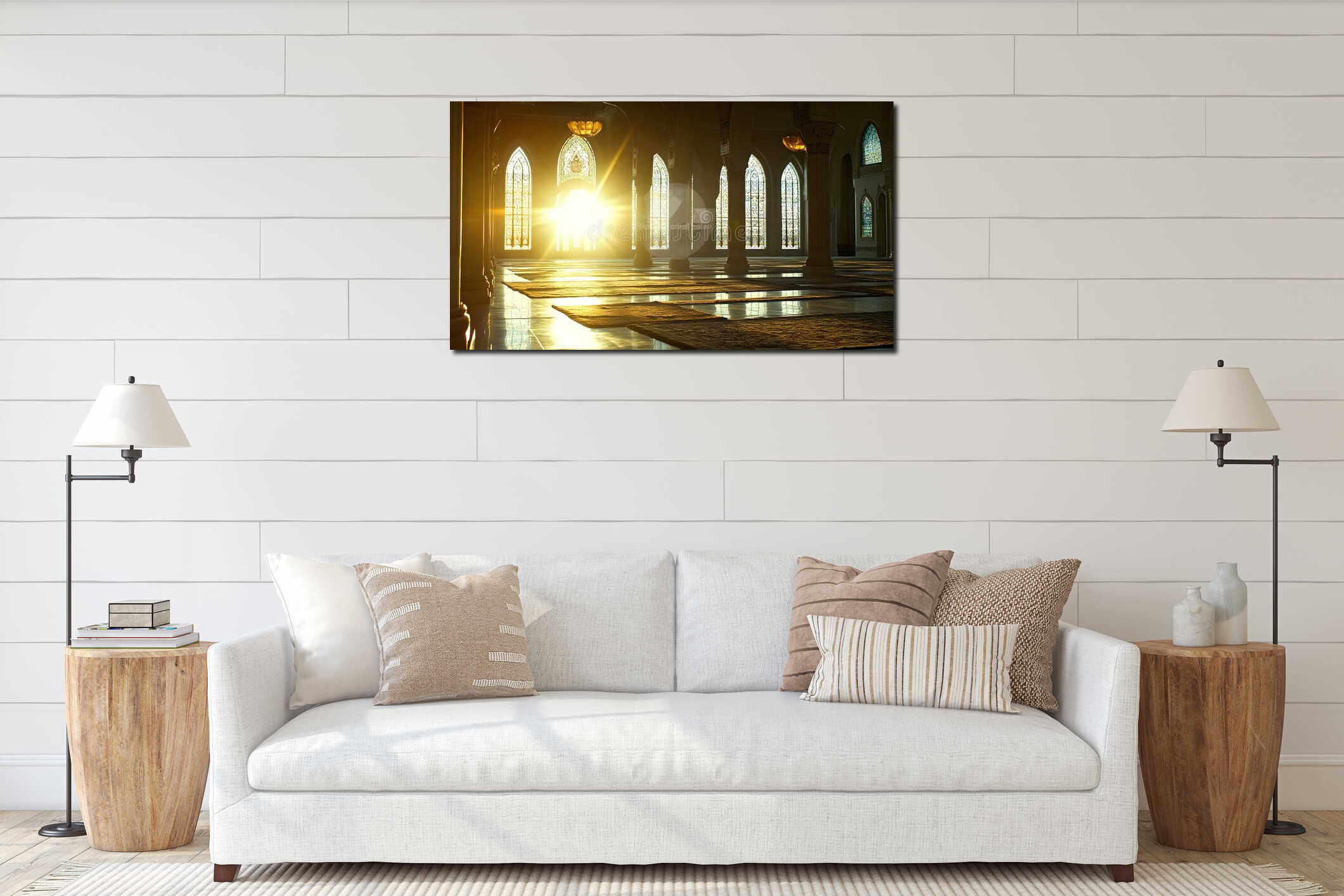 Generative AI Sunlit Mosque Interior with Golden Sunbeams Streaming Through Arched Windows business concept. interior mockup