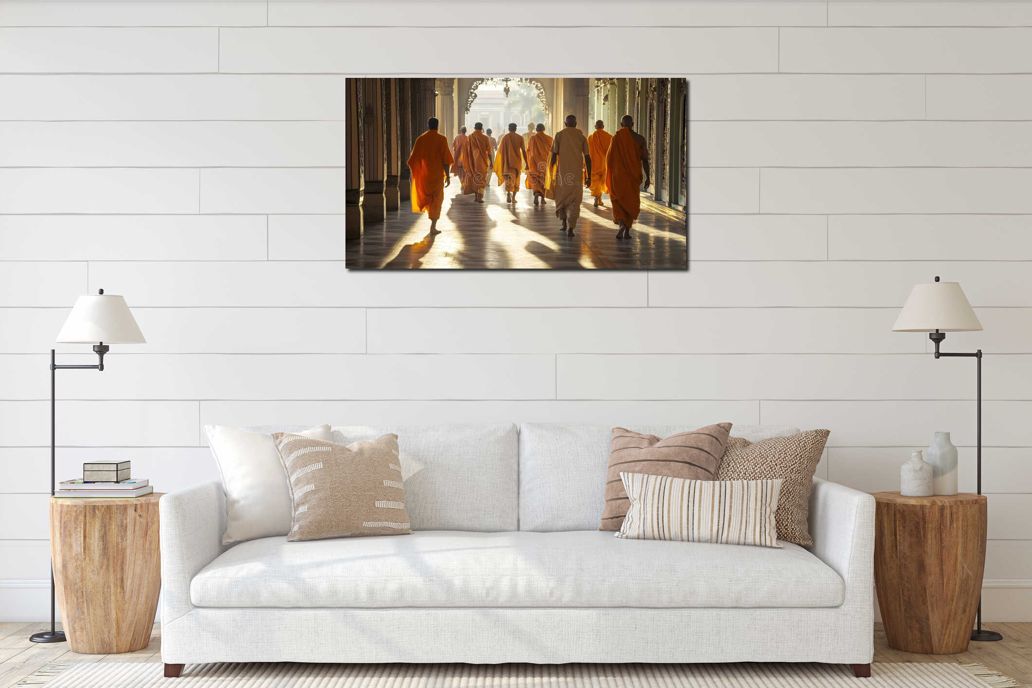 Generative AI Monks in orange robes walking along sunlit temple corridor in harmonious meditation business concept interior mockup