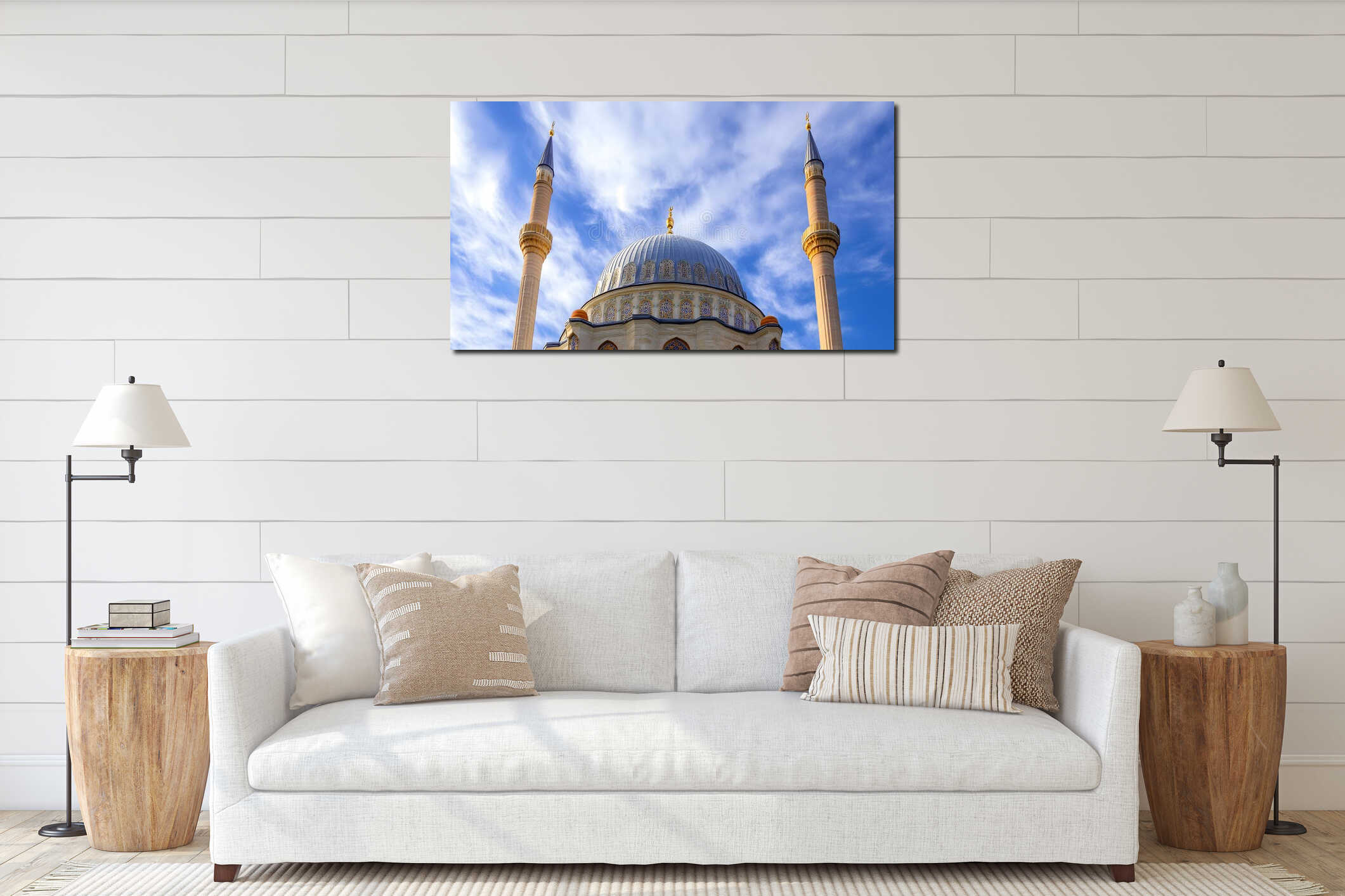 Generative AI Elegant Mosque with Ornate Dome and Two Minarets against Clear Blue Sky business concept. interior mockup