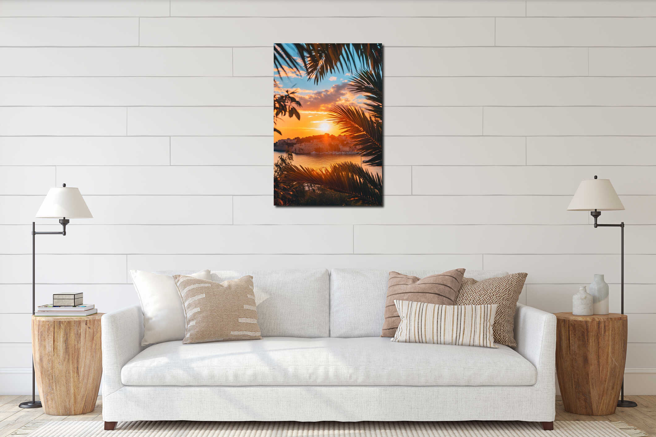Generative AI Stunning Mediterranean Coastal Sunset Framed by Palm Leaves and Vibrant Sky business concept. interior mockup