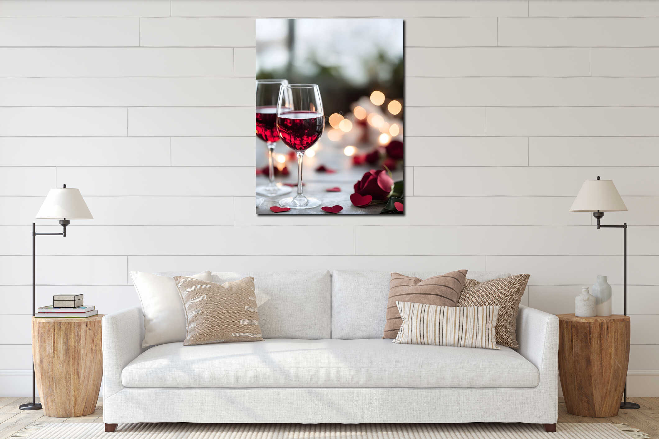 Generative AI Two Glasses of Red Wine with Red Hearts and Rose Petals for Cozy Romantic Night business concept. interior mockup
