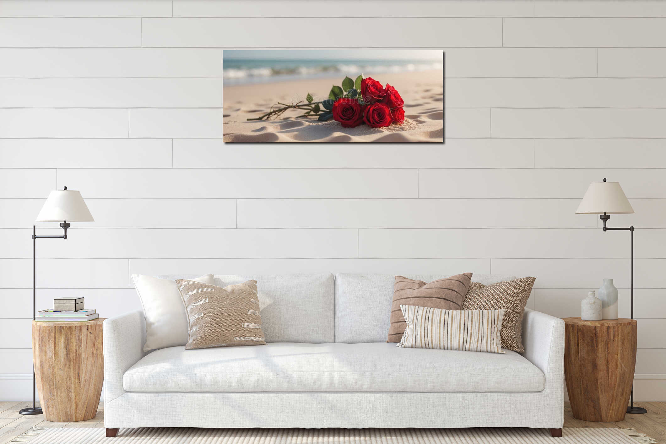 A bunch of red roses sitting on top of a sandy beach interior mockup